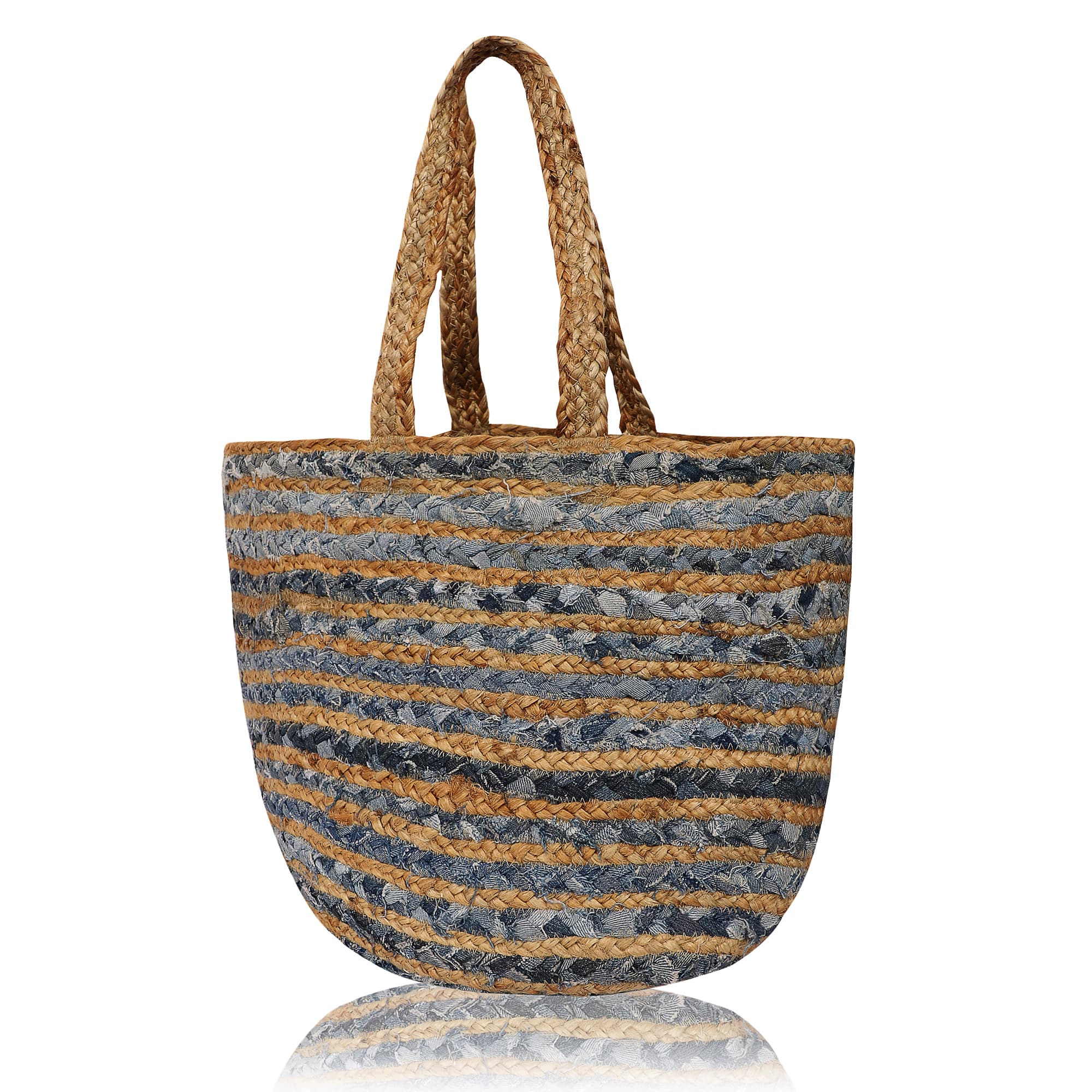 DENIM JUTE STRIPE BRAIDED TOTE BAG