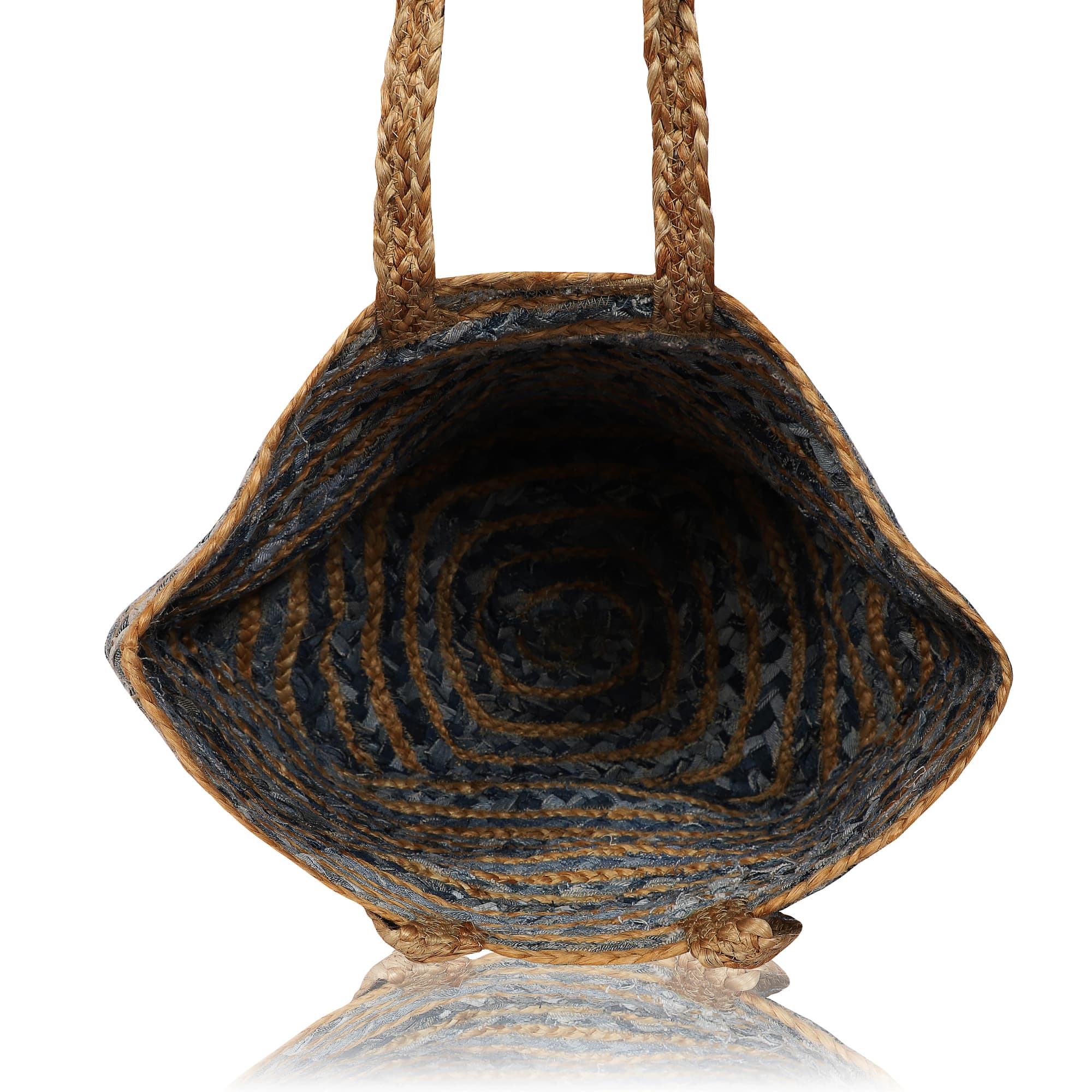 DENIM JUTE STRIPE BRAIDED TOTE BAG