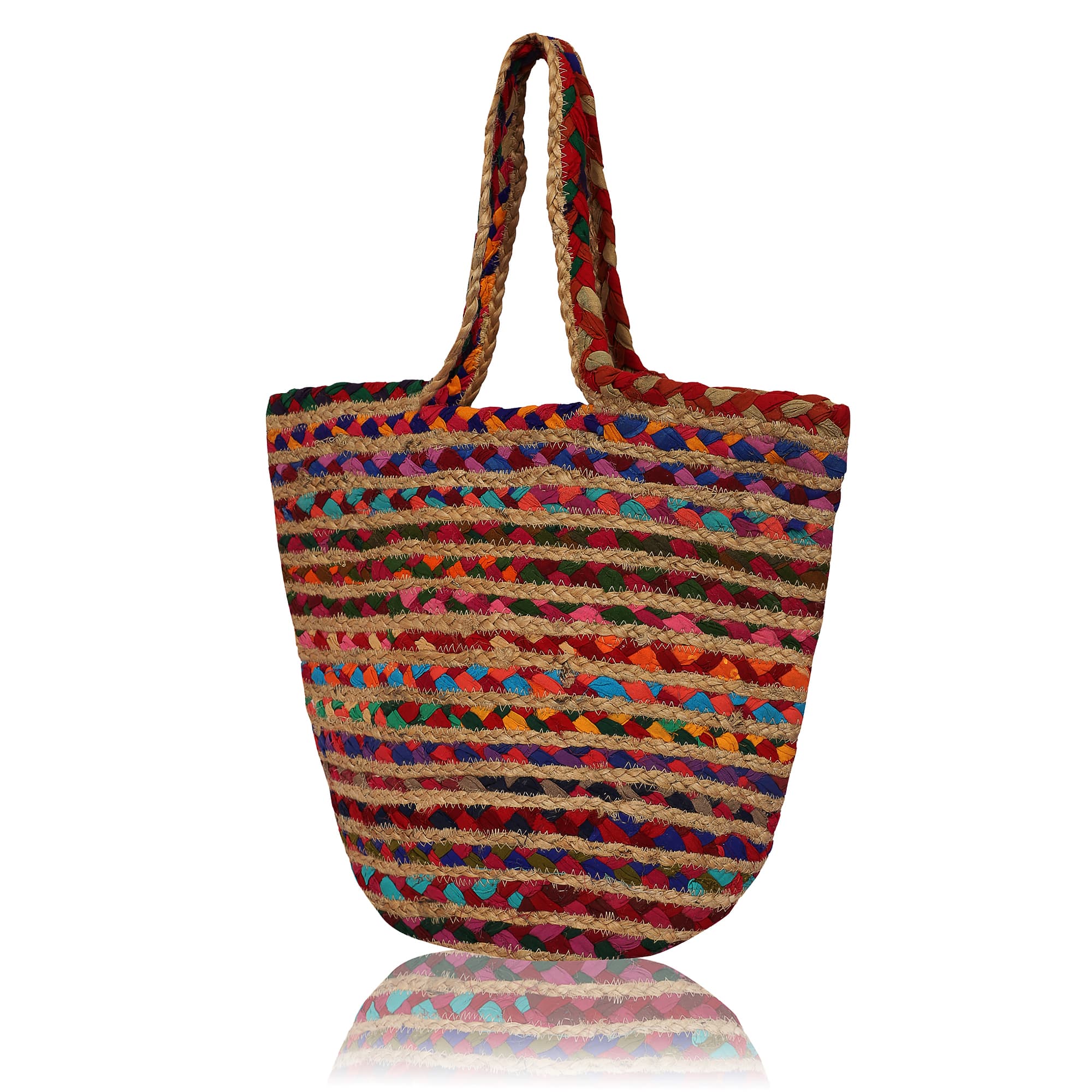 COTTON AND JUTE STRIPE BRAIDED TOTE BAG