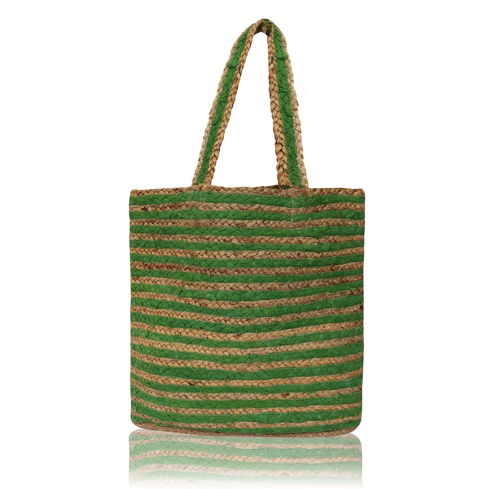 GREEN STRIPE  JUTE  TOTE BAG