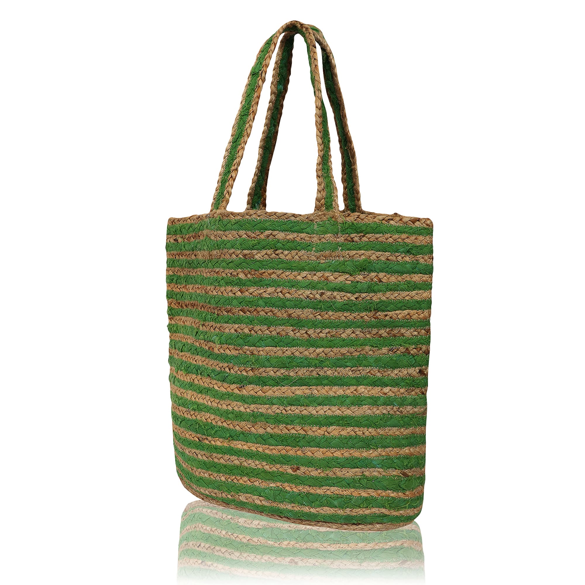 GREEN STRIPE  JUTE  TOTE BAG