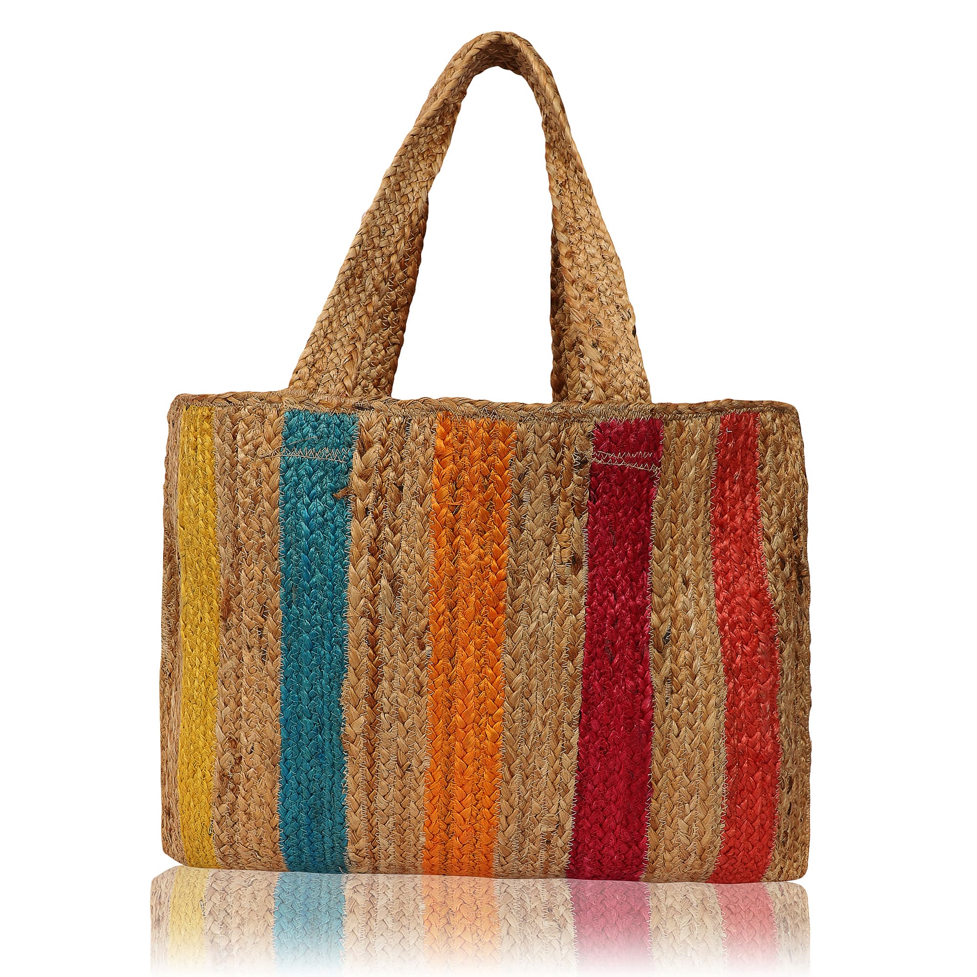 RAINBOW  COLOUR  STRIPE BRAIDED JUTE TOTE BAG
