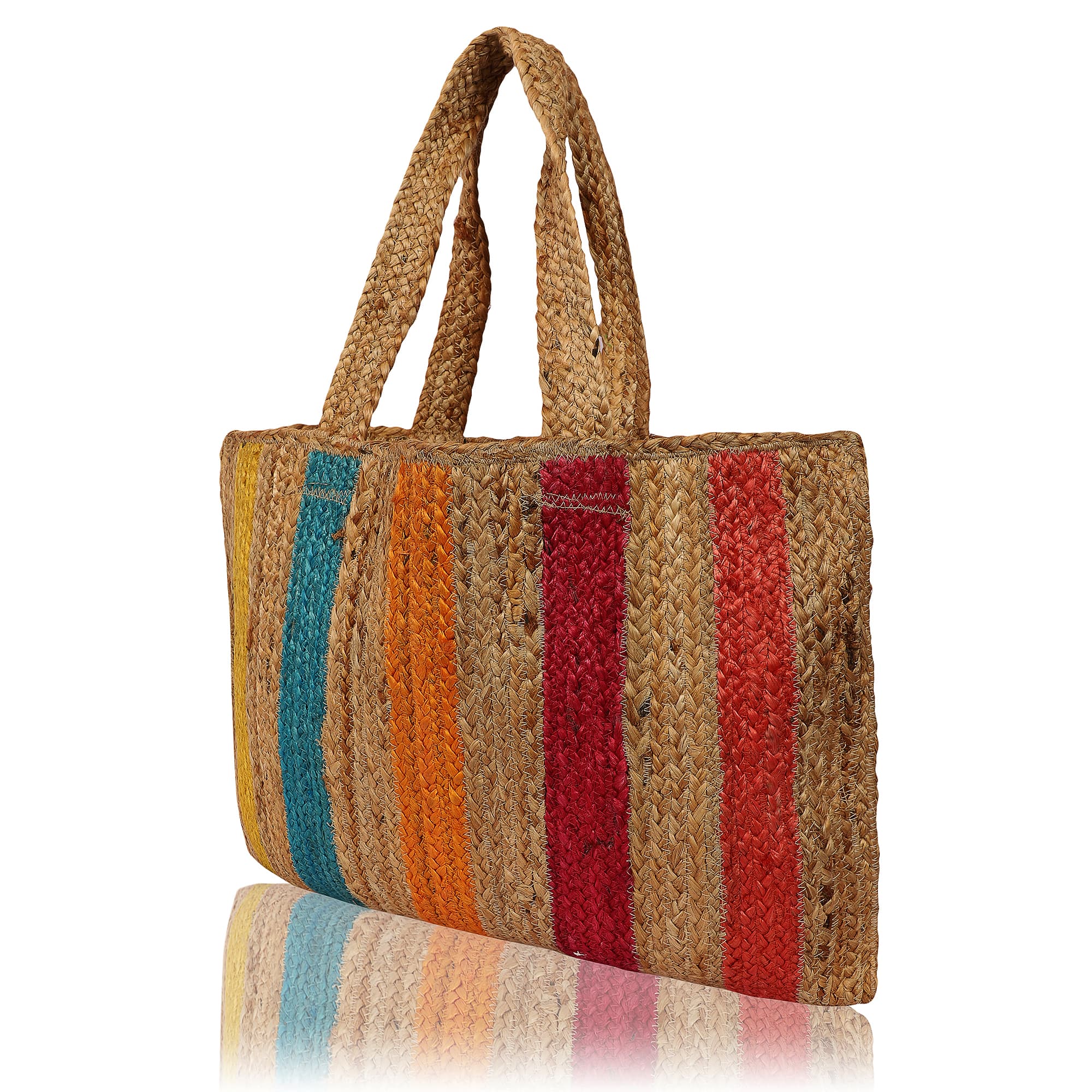 RAINBOW  COLOUR  STRIPE BRAIDED JUTE TOTE BAG