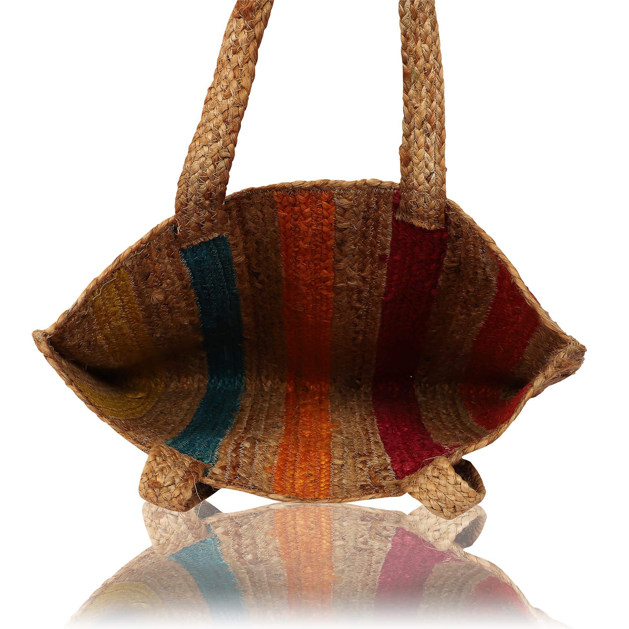 RAINBOW  COLOUR  STRIPE BRAIDED JUTE TOTE BAG