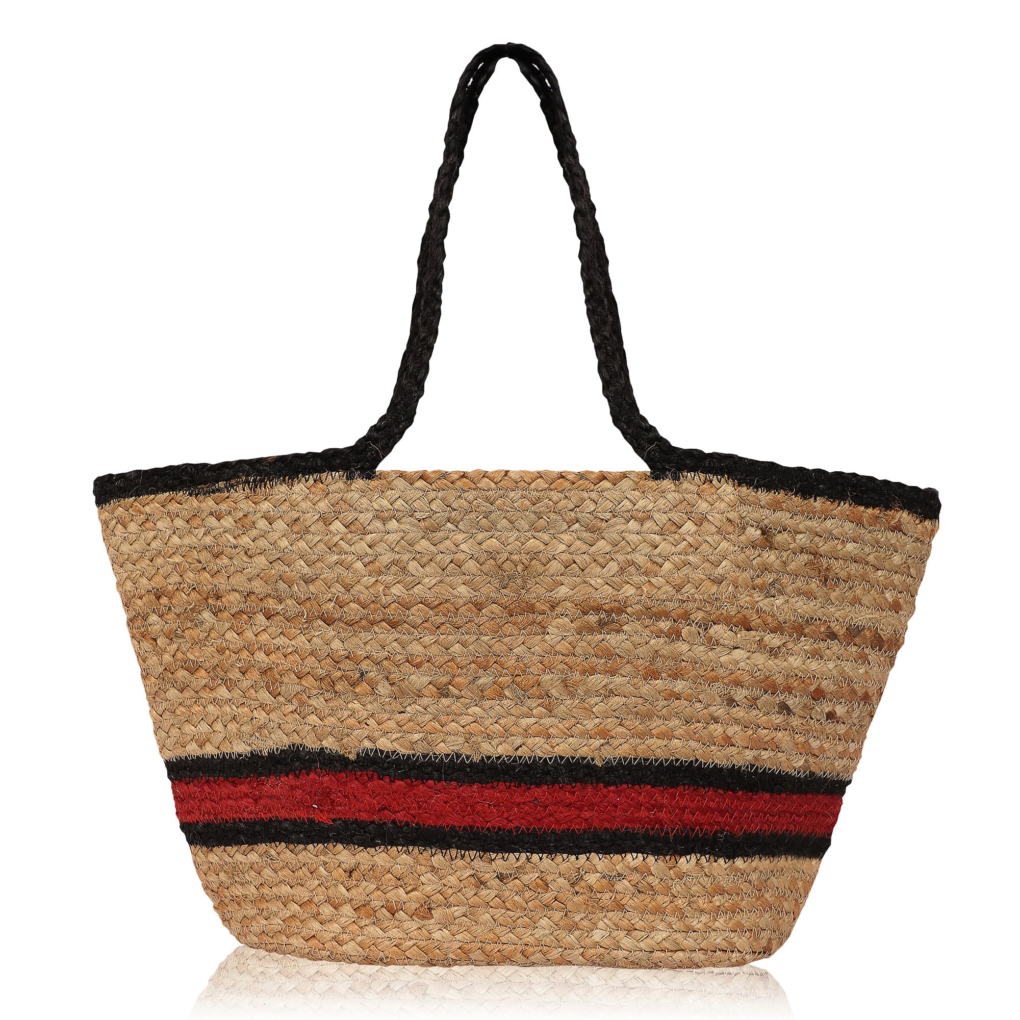 BLACK AND RED STRIPE BRAIDED JUTE TOTE BAG