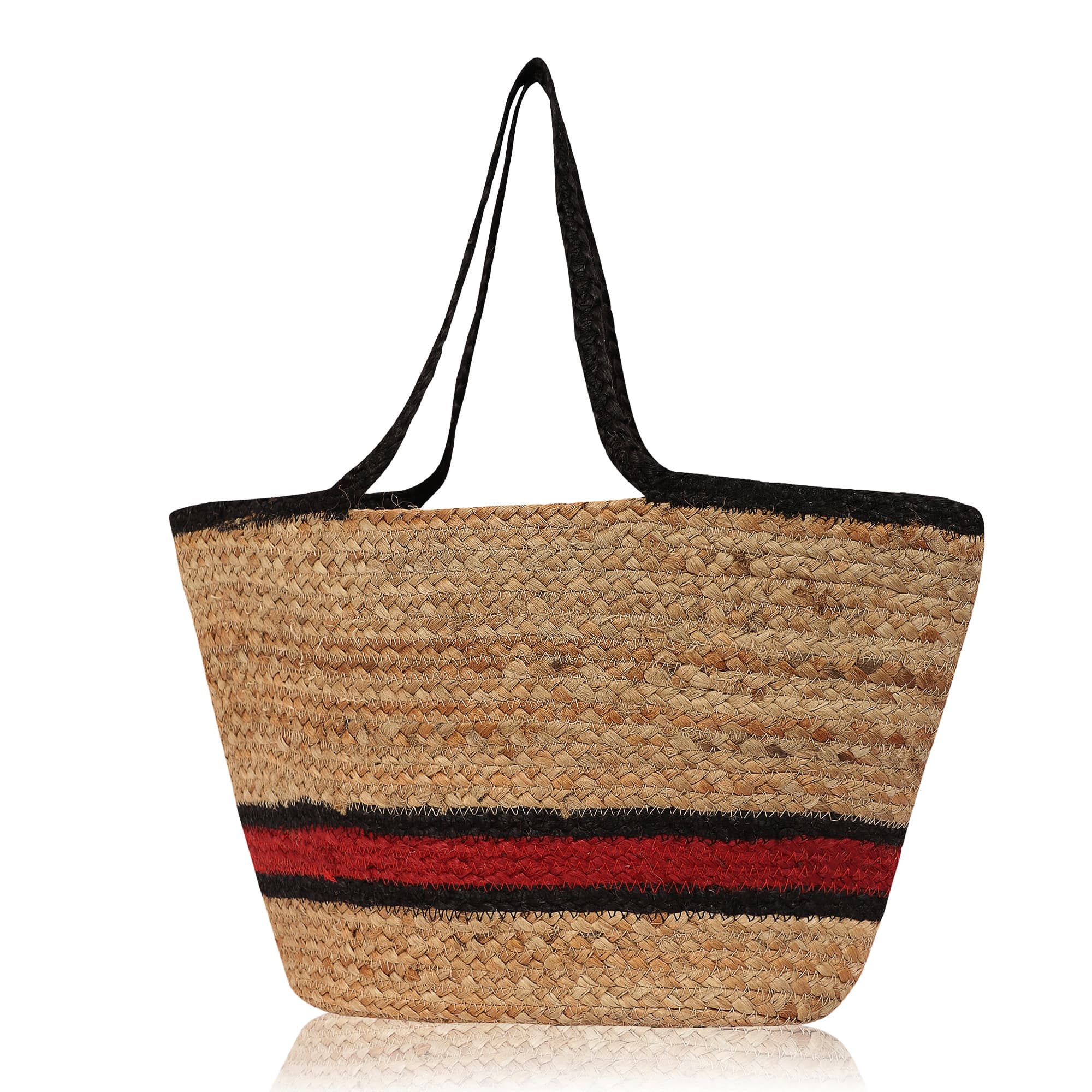 BLACK AND RED STRIPE BRAIDED JUTE TOTE BAG