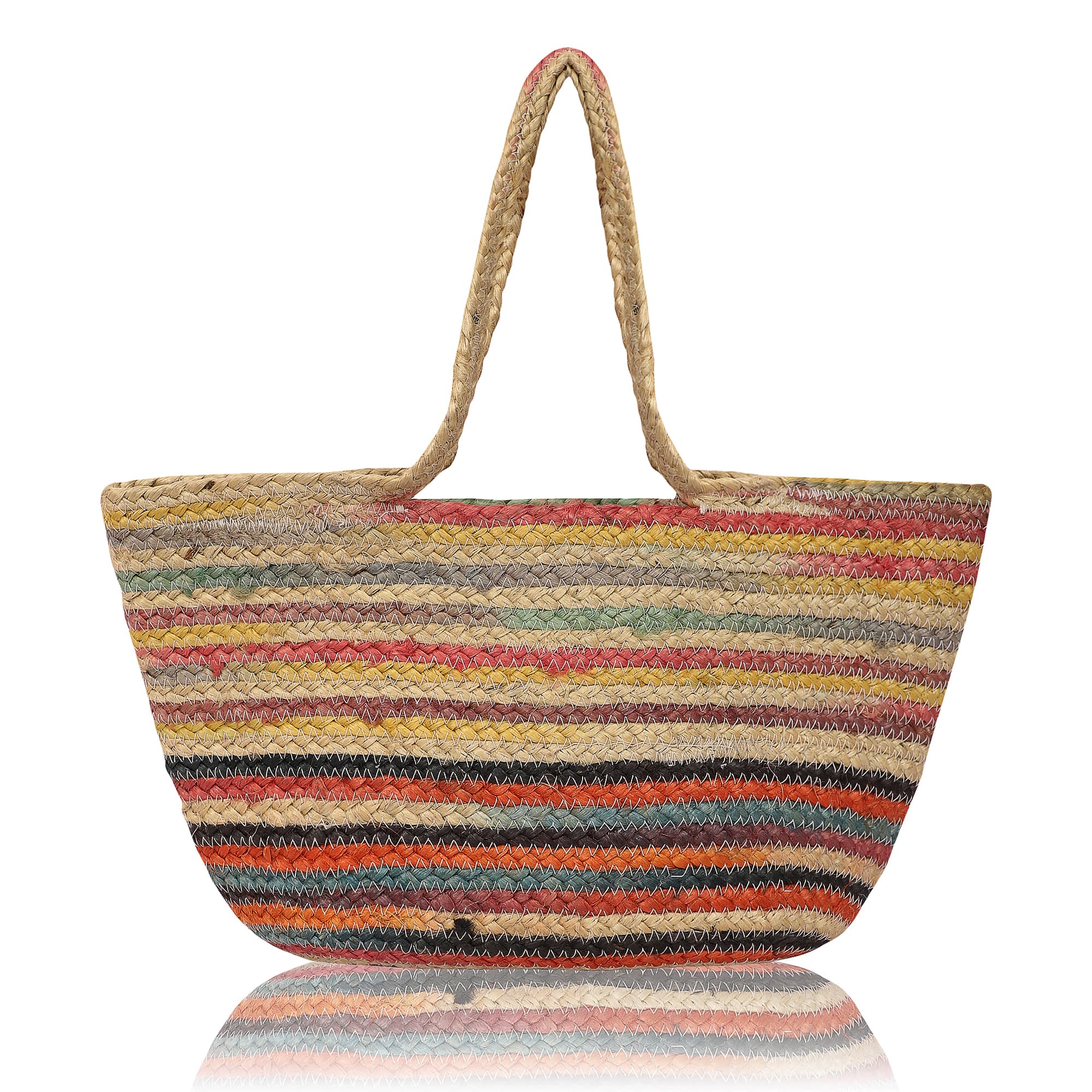 RAINBOW STRIPE BRAIDED JUTE TOTE BAG