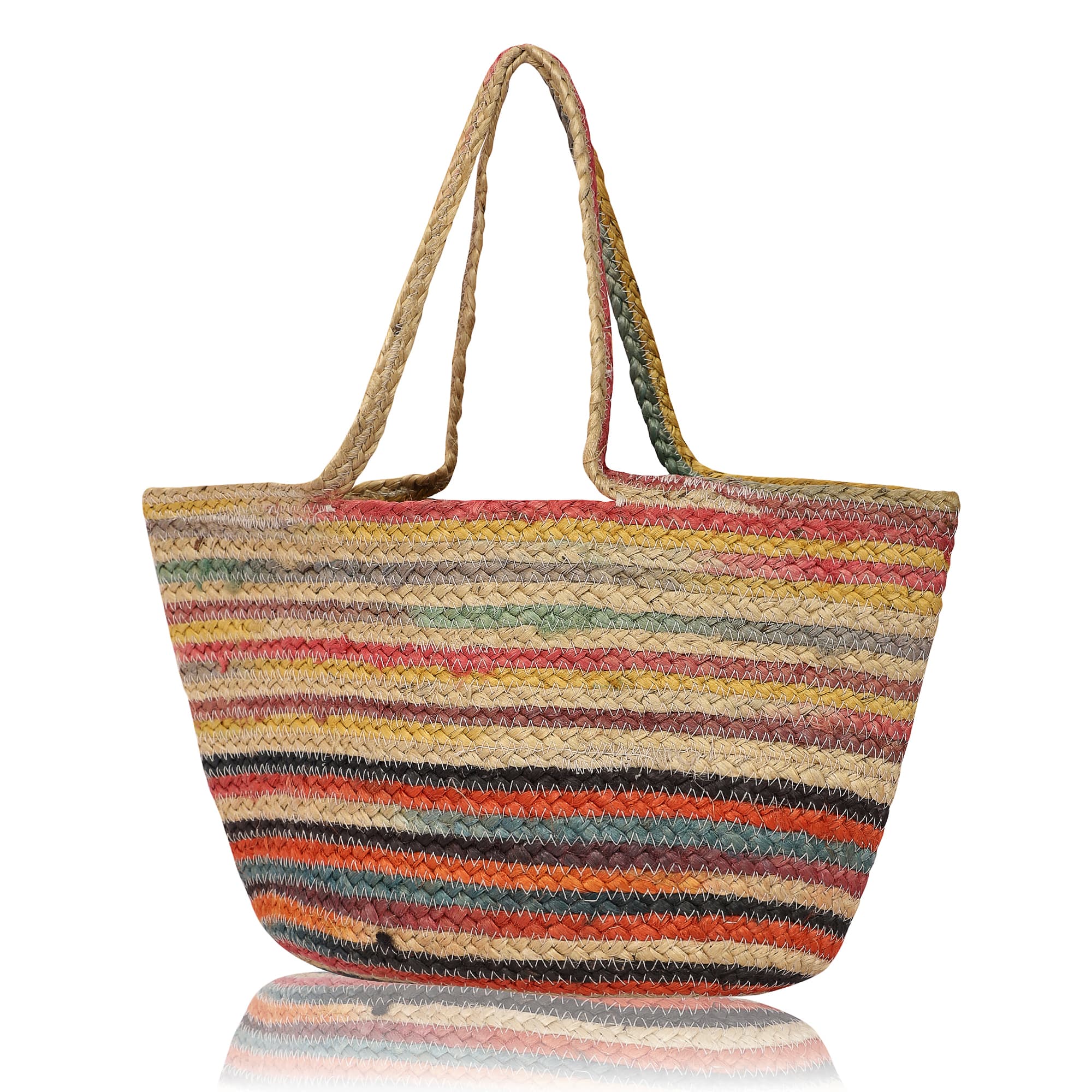 RAINBOW STRIPE BRAIDED JUTE TOTE BAG