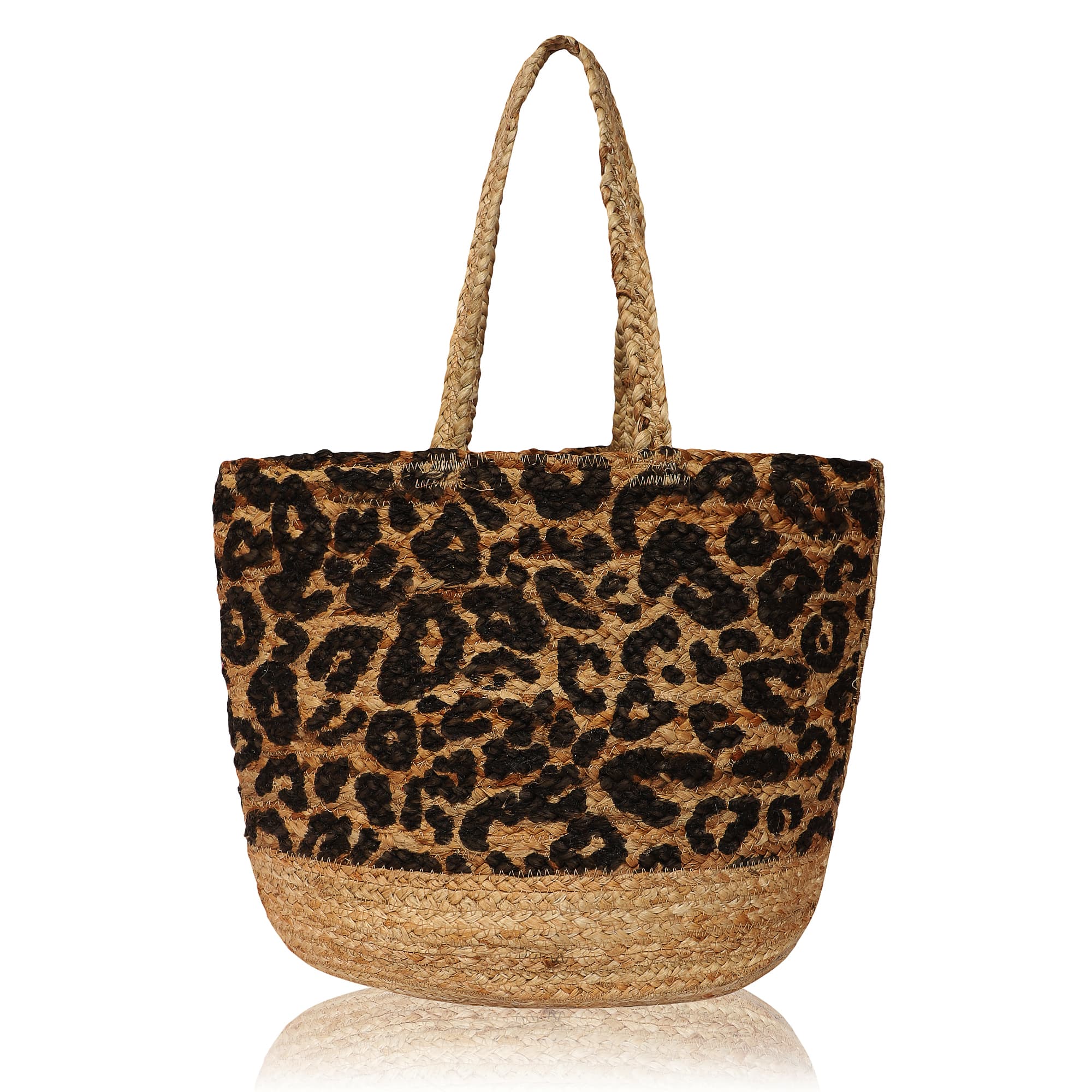 LEOPARD PRINT BRAIDED JUTE TOTE BAG
