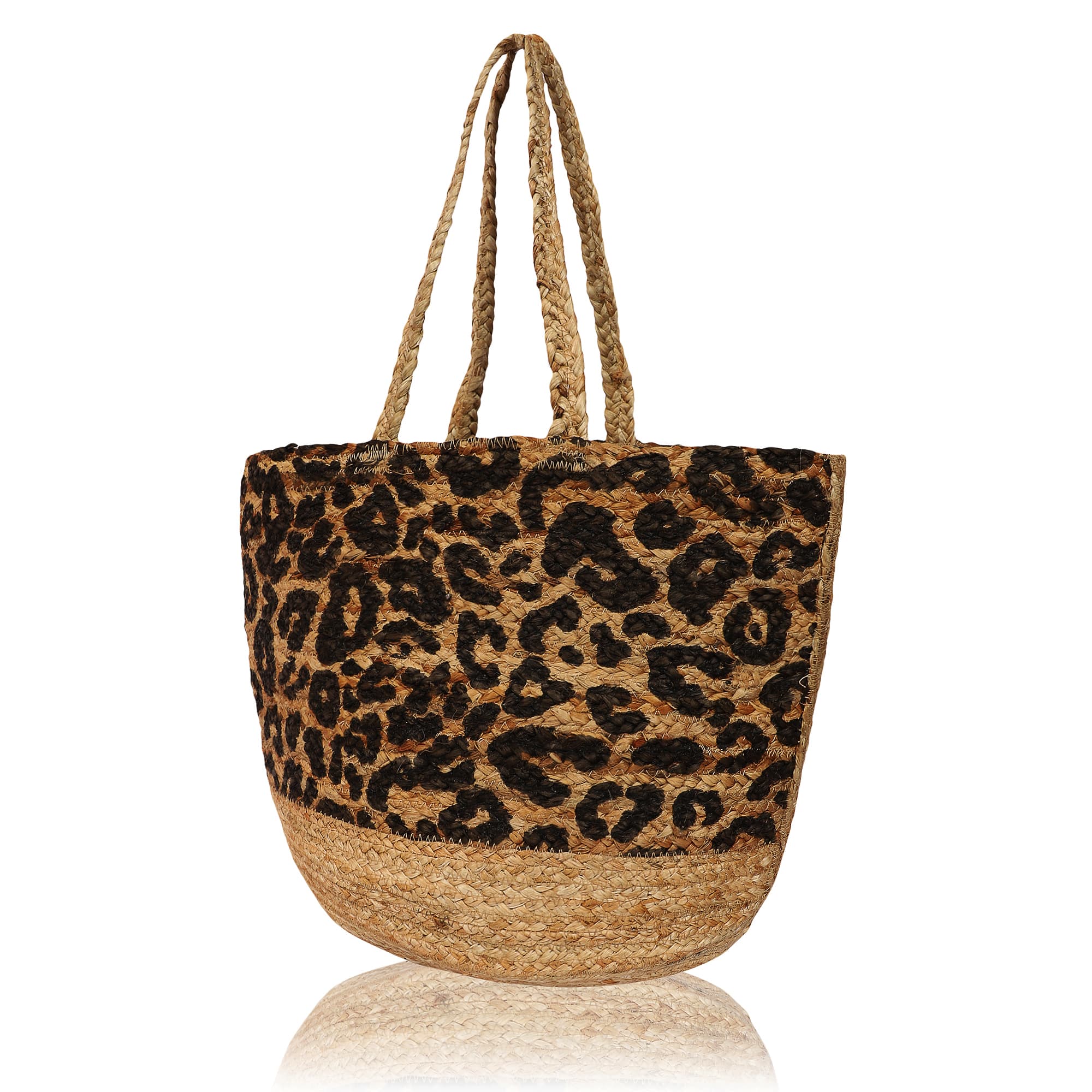 LEOPARD PRINT BRAIDED JUTE TOTE BAG