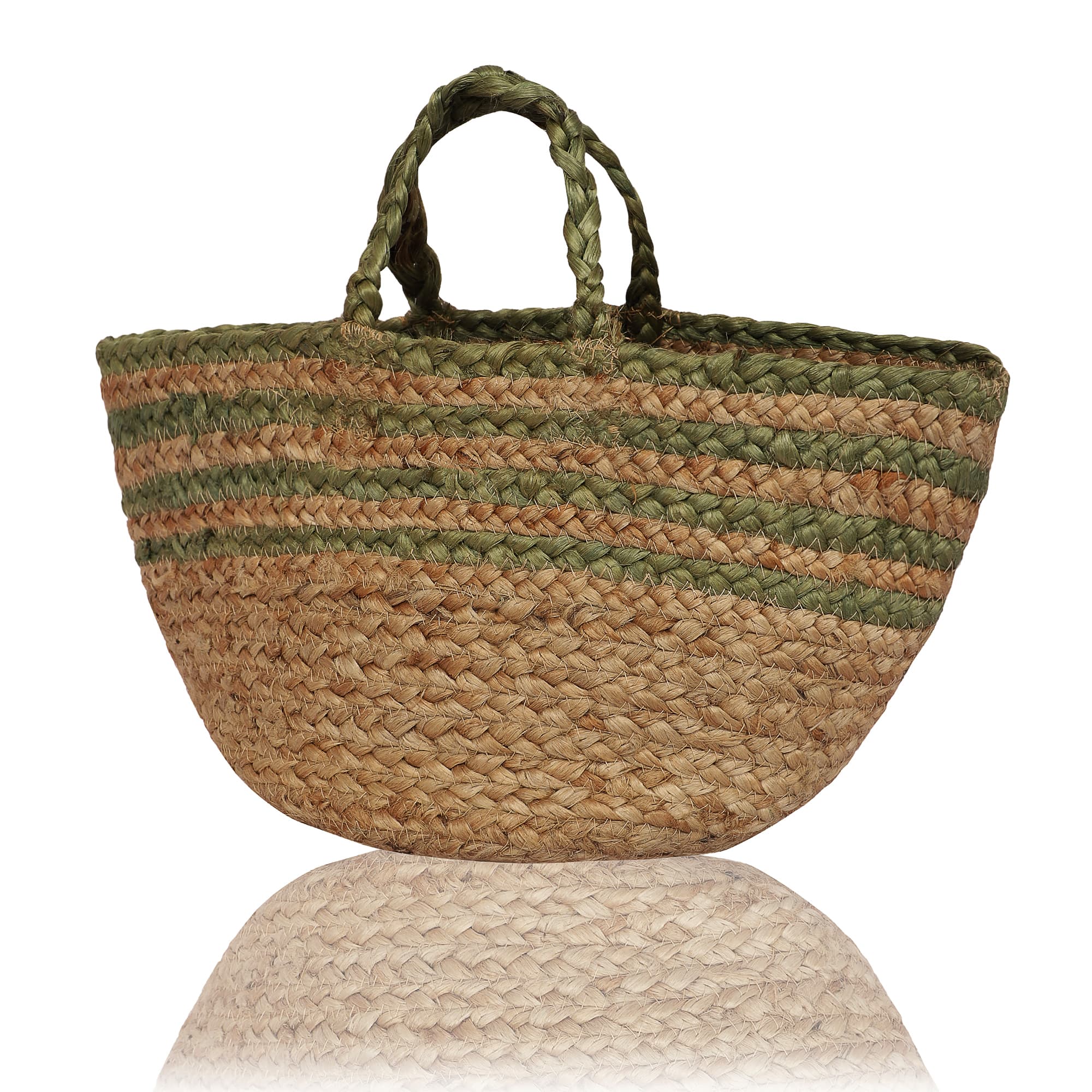 GREEN STRIPE BRAIDED JUTE TOTE BAG