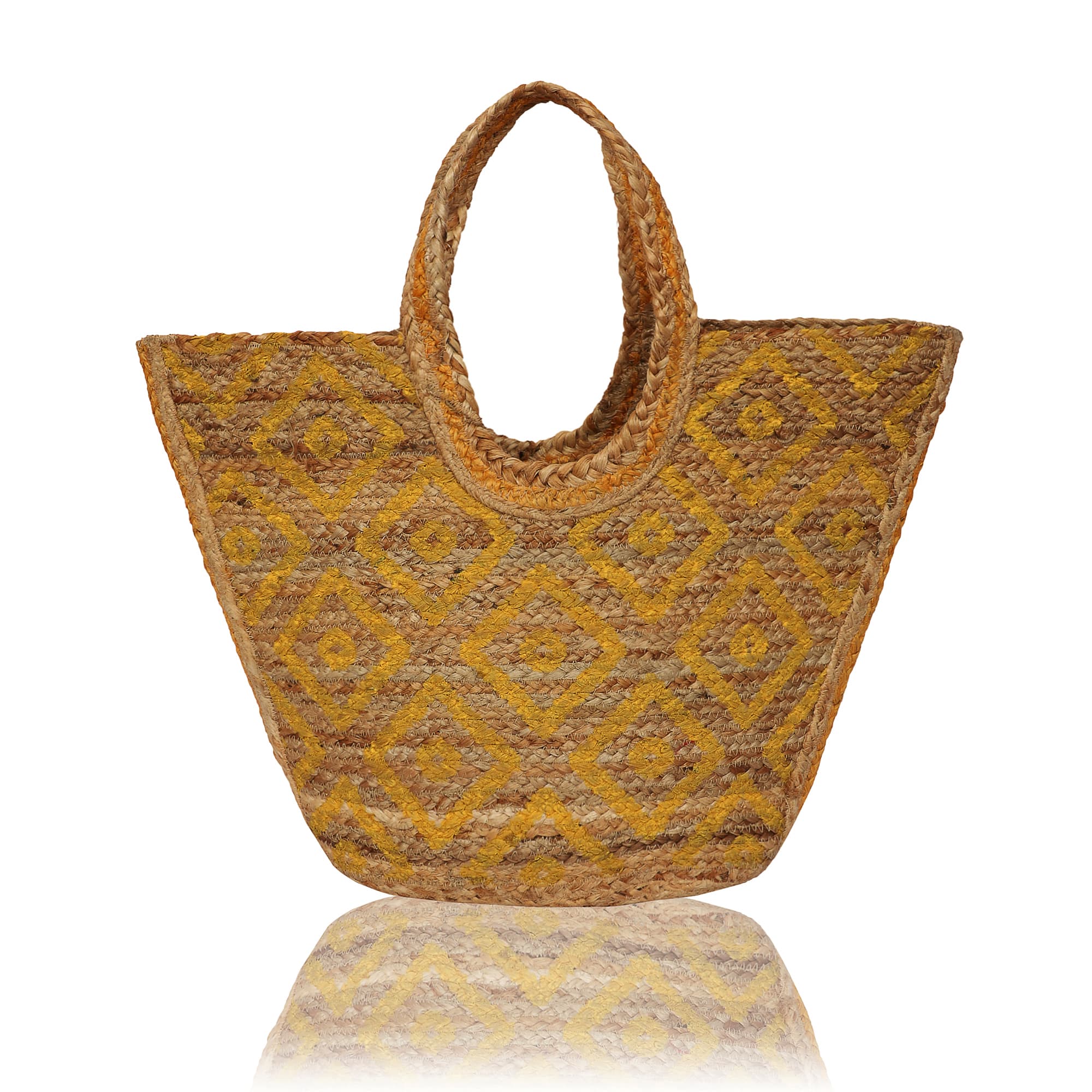 YELLOW DIAMOND PRINT JUTE TOTE BAG