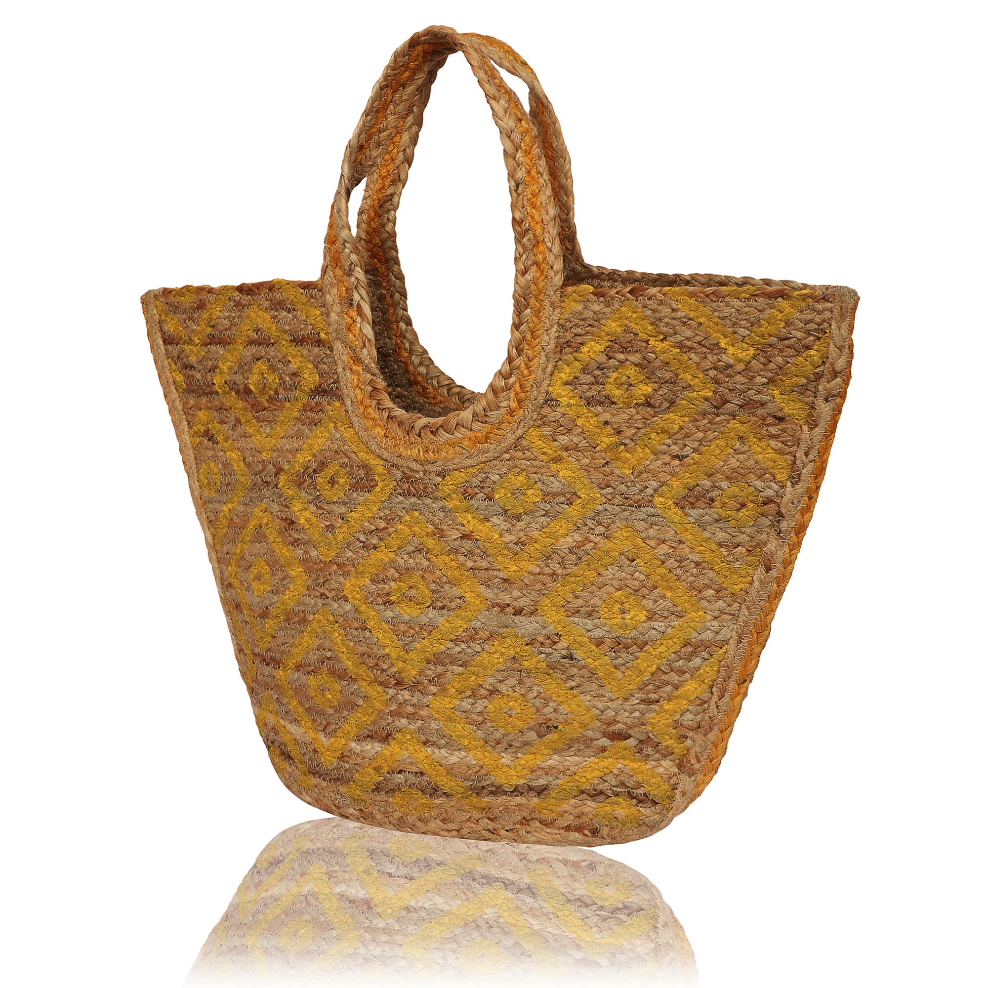 YELLOW DIAMOND PRINT JUTE TOTE BAG