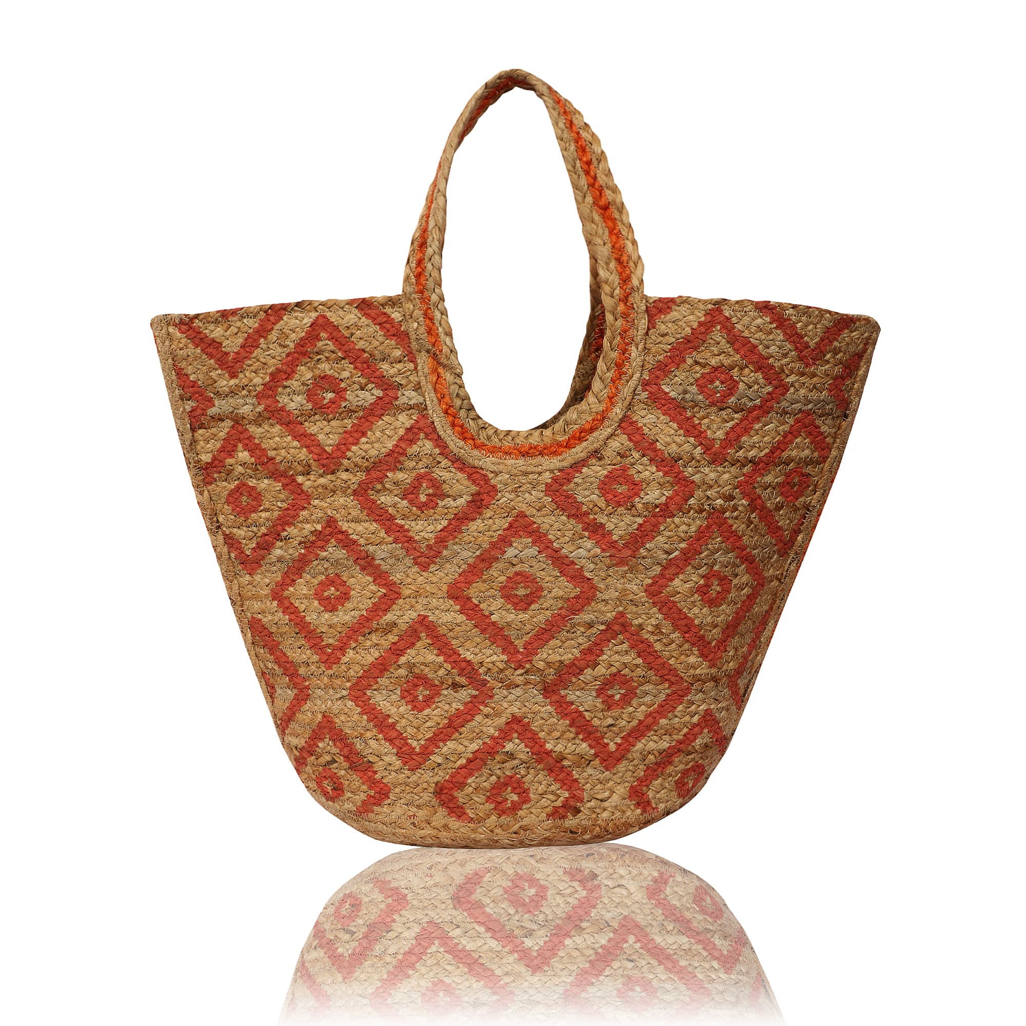 RED  DIAMOND PRINT JUTE TOTE BAG