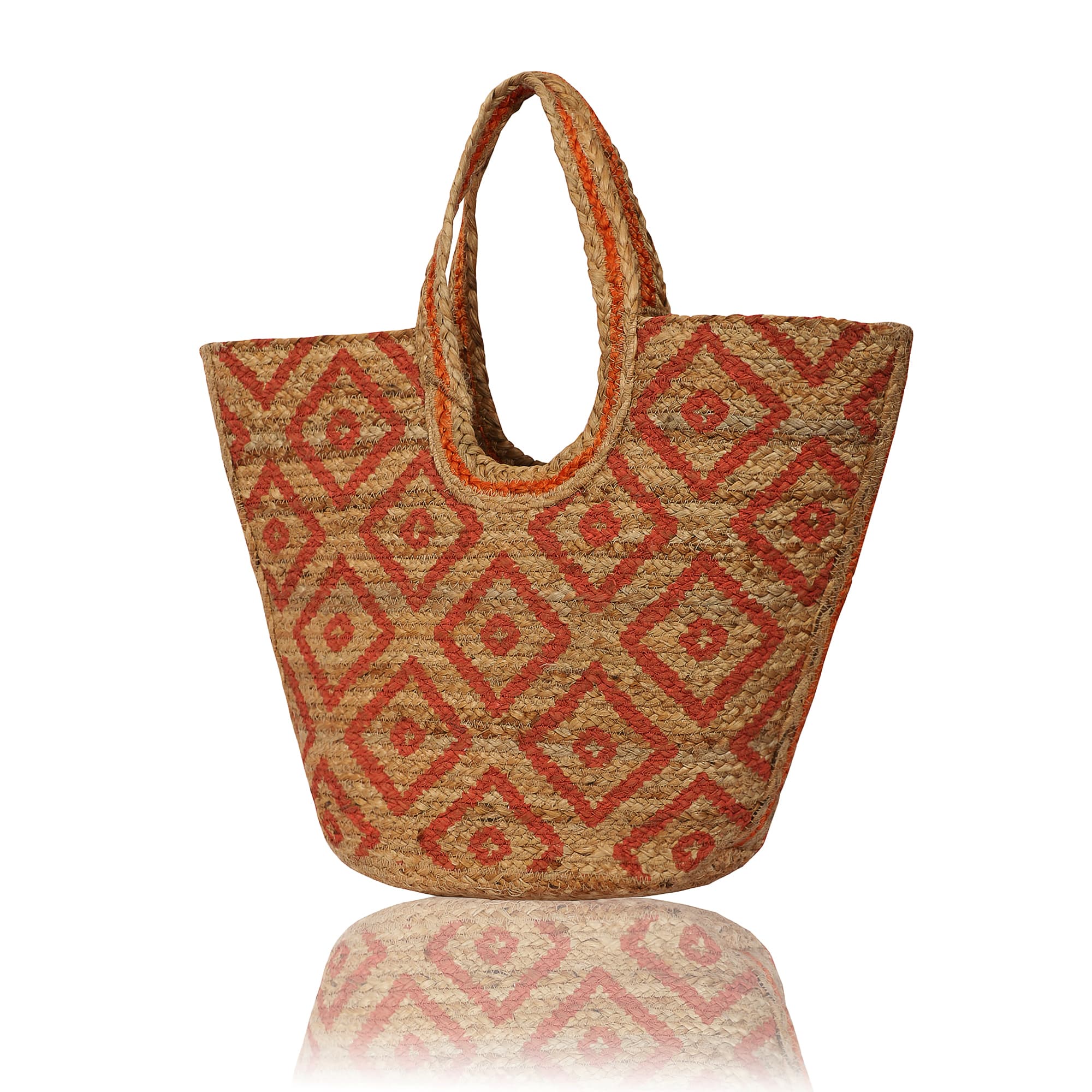 RED  DIAMOND PRINT JUTE TOTE BAG
