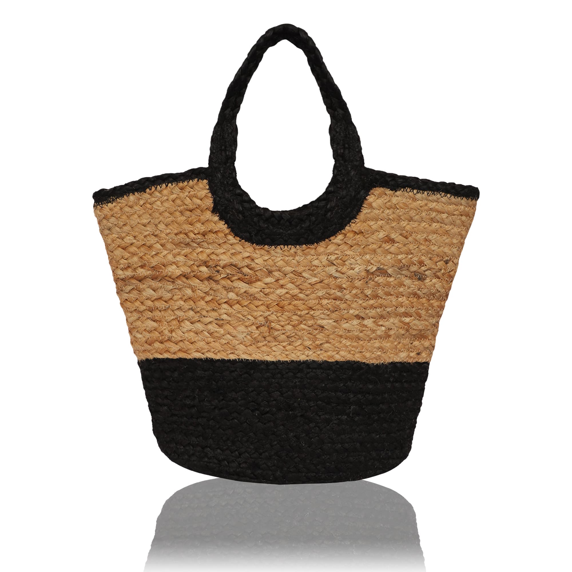 BLACK AND NATURAL COLOUR BLOCK JUTE TOTE BAG