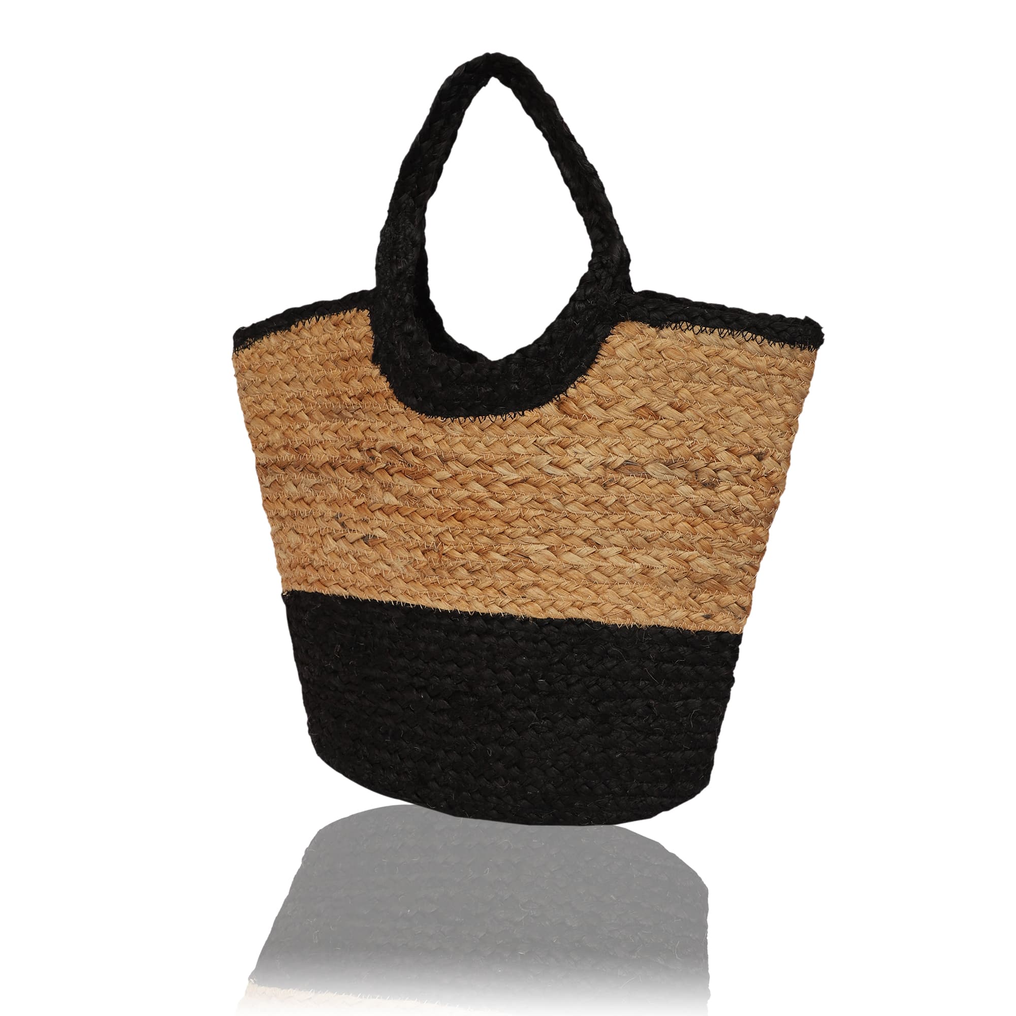 BLACK AND NATURAL COLOUR BLOCK JUTE TOTE BAG