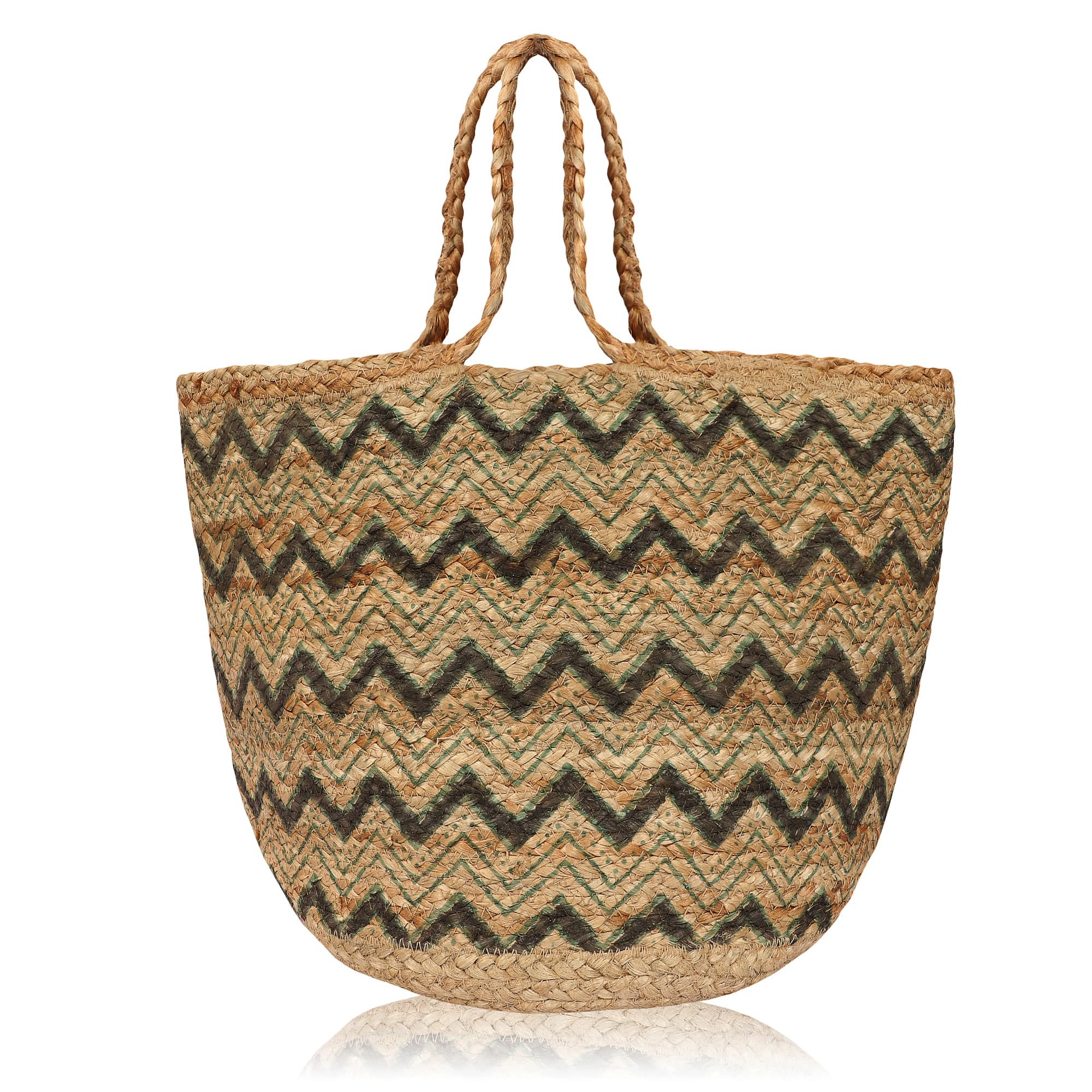 GREEN ZIG ZAG STRIPE  JUTE TOTE BAG