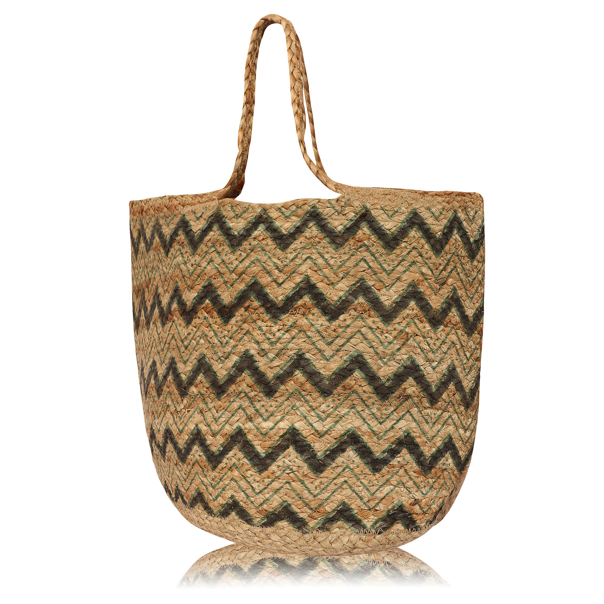 GREEN ZIG ZAG STRIPE  JUTE TOTE BAG