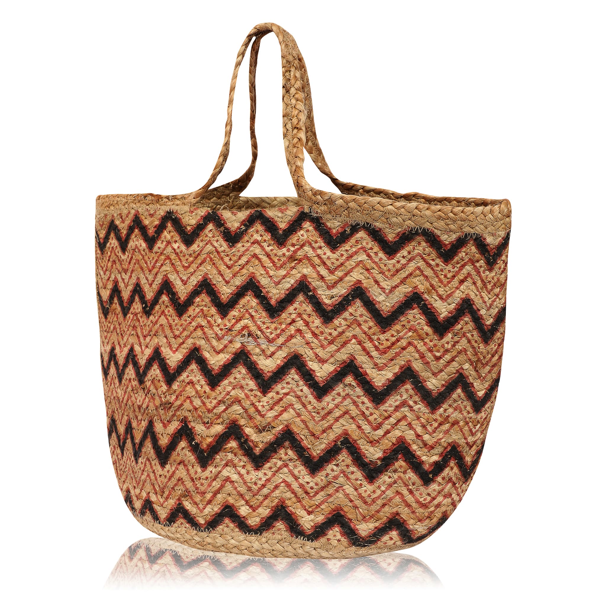 RED ZIG ZAG STRIPE  JUTE TOTE BAG