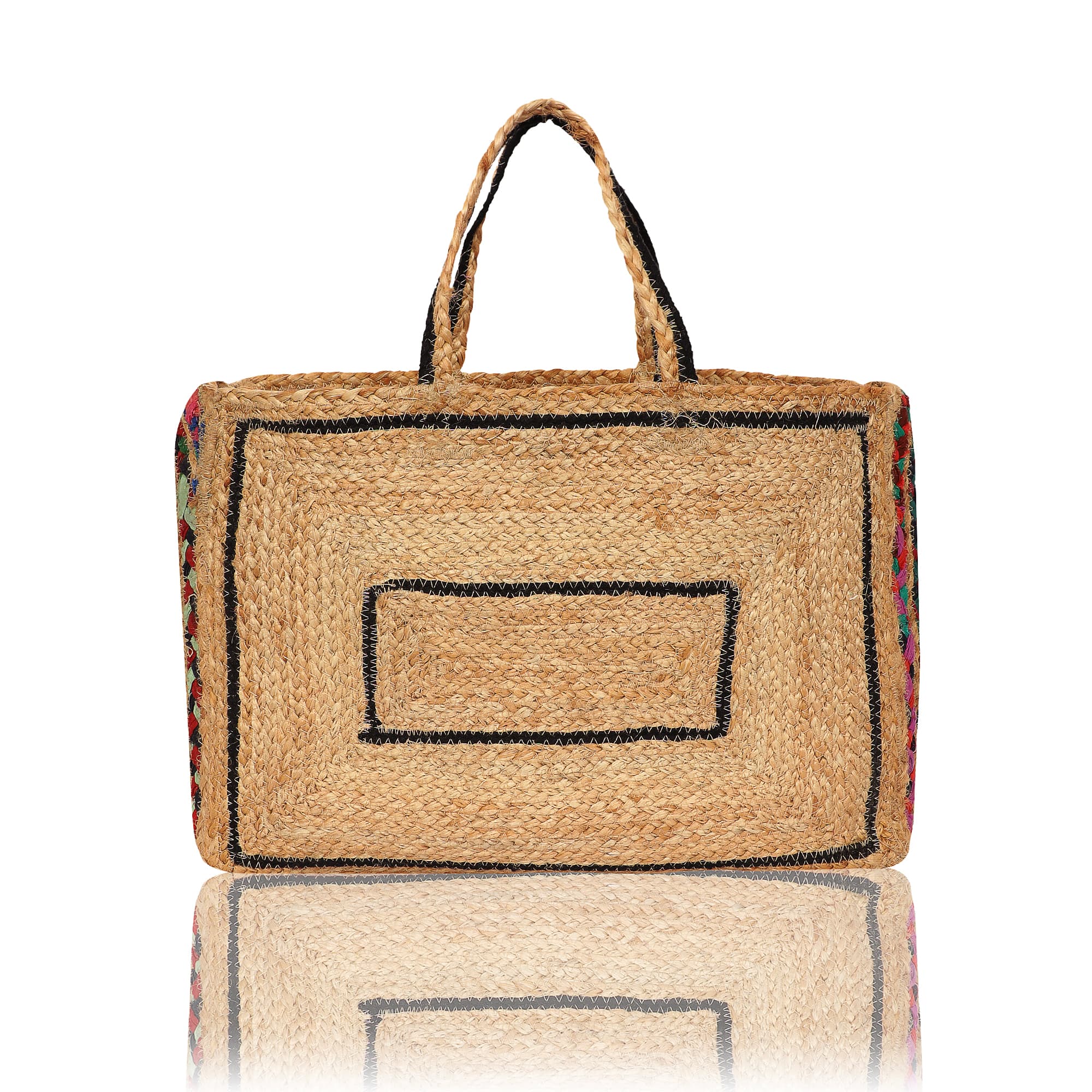 RECTANGLE SHAPE COTTON AND JUTE BRAIDED   TOTE BAG