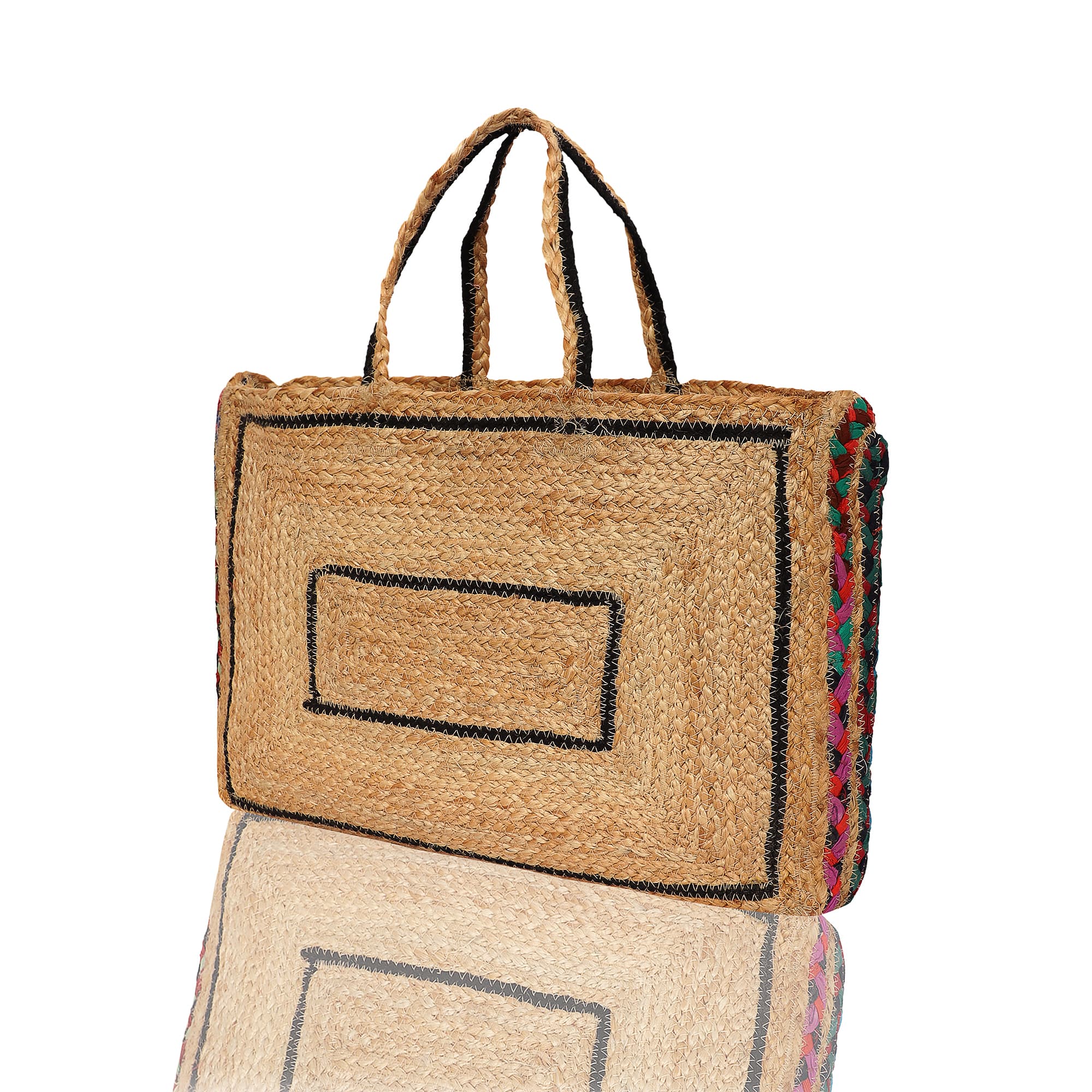 RECTANGLE SHAPE COTTON AND JUTE BRAIDED   TOTE BAG