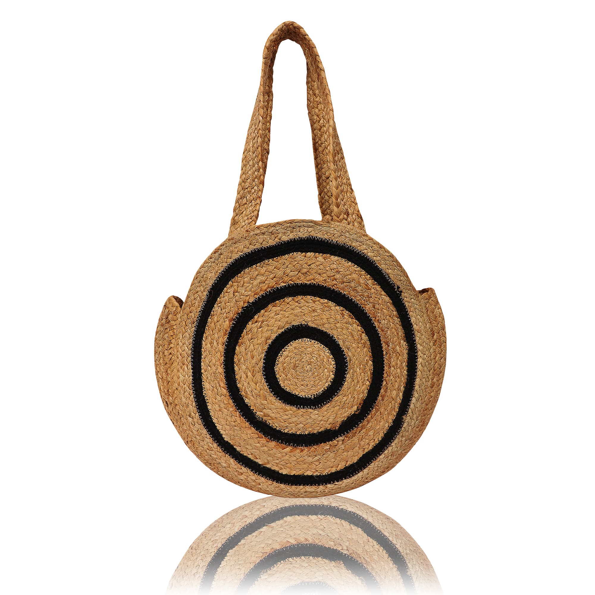 BLACK  AND NATURAL ROUND JUTE BRAIDED TOTE BAG