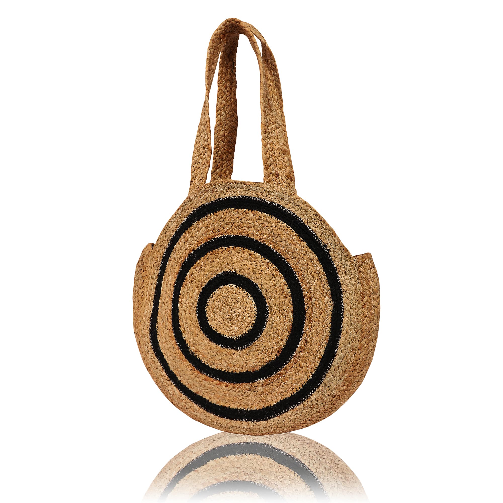 BLACK  AND NATURAL ROUND JUTE BRAIDED TOTE BAG