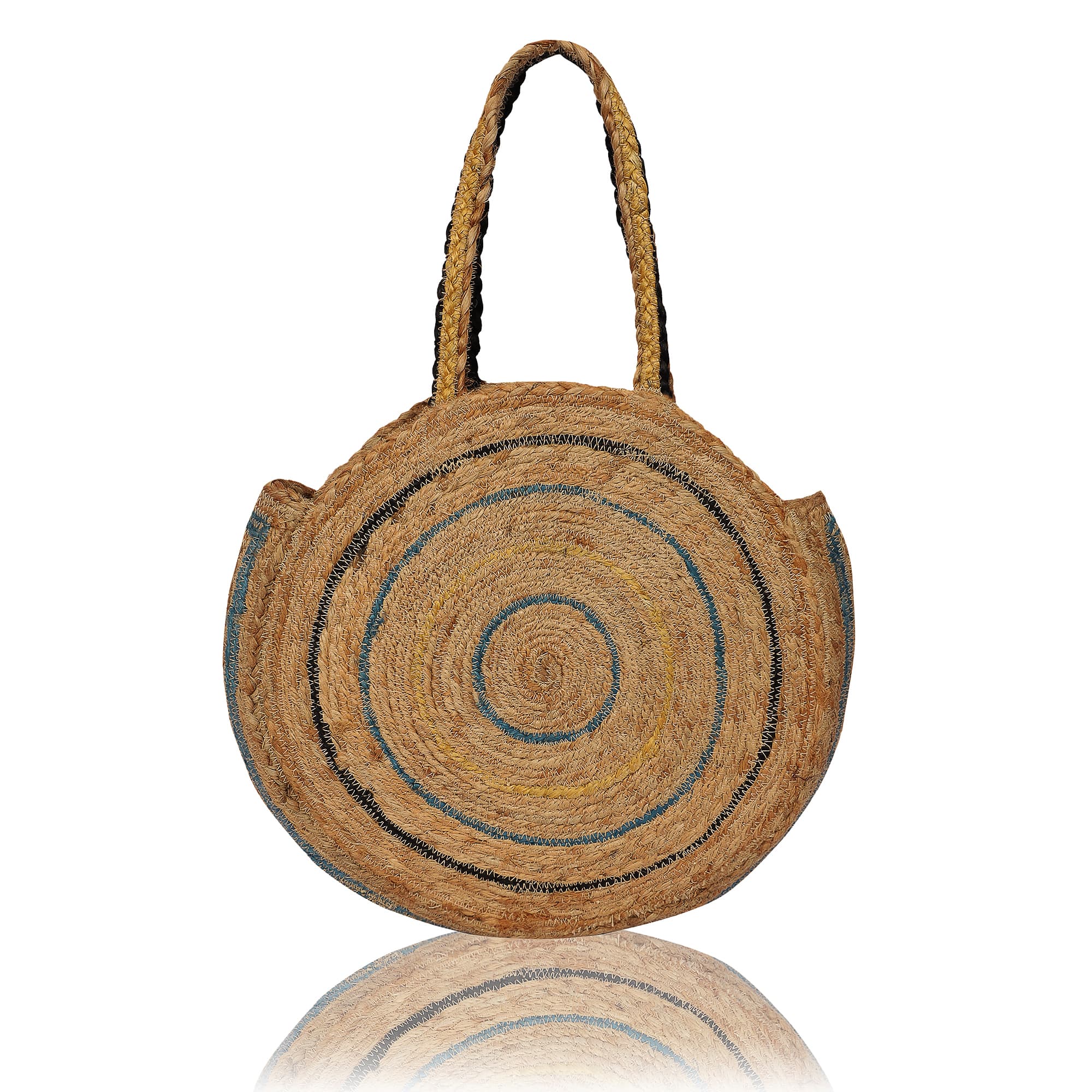 GREEN BLACK  NATURAL ROUND JUTE BRAIDED TOTE BAG