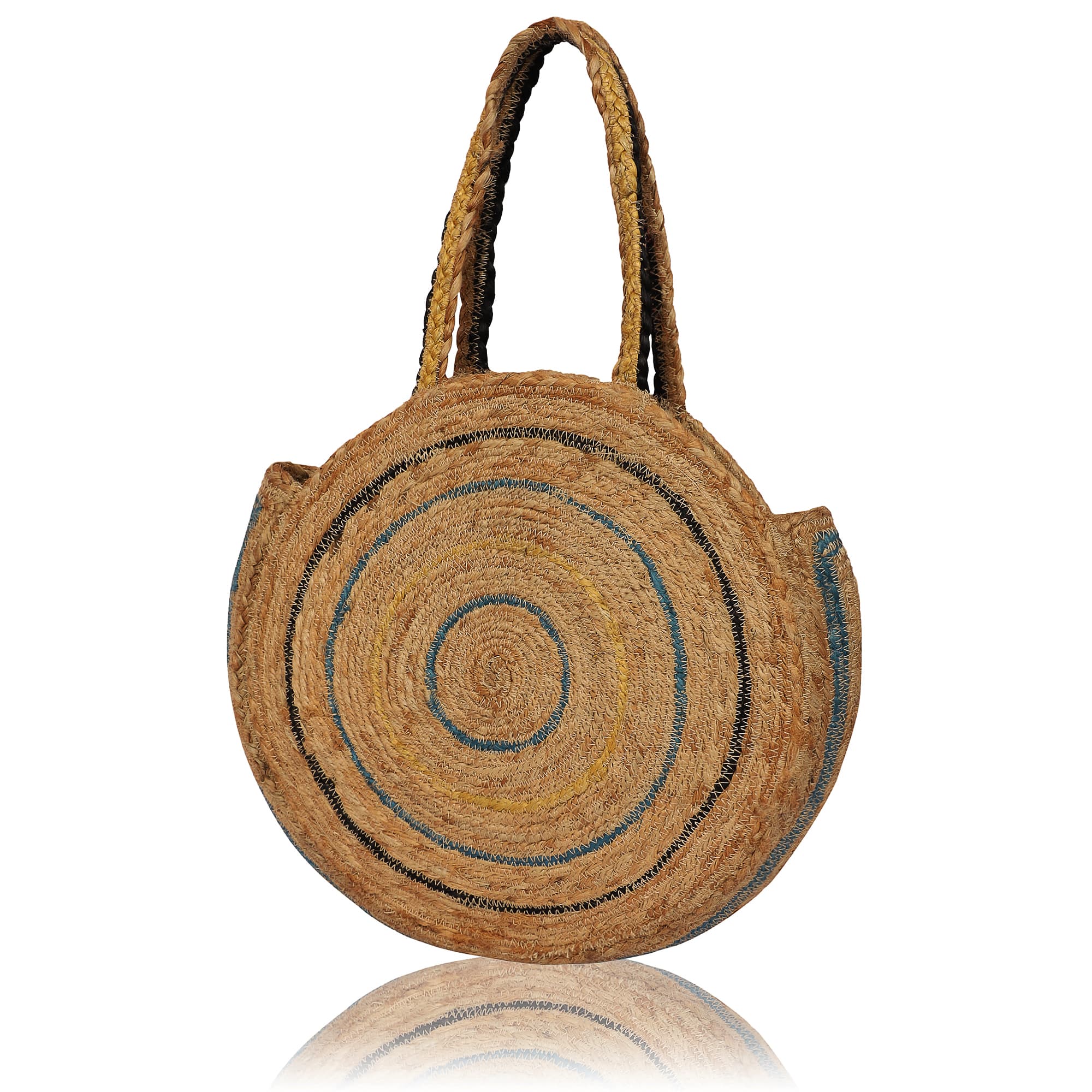 GREEN BLACK  NATURAL ROUND JUTE BRAIDED TOTE BAG