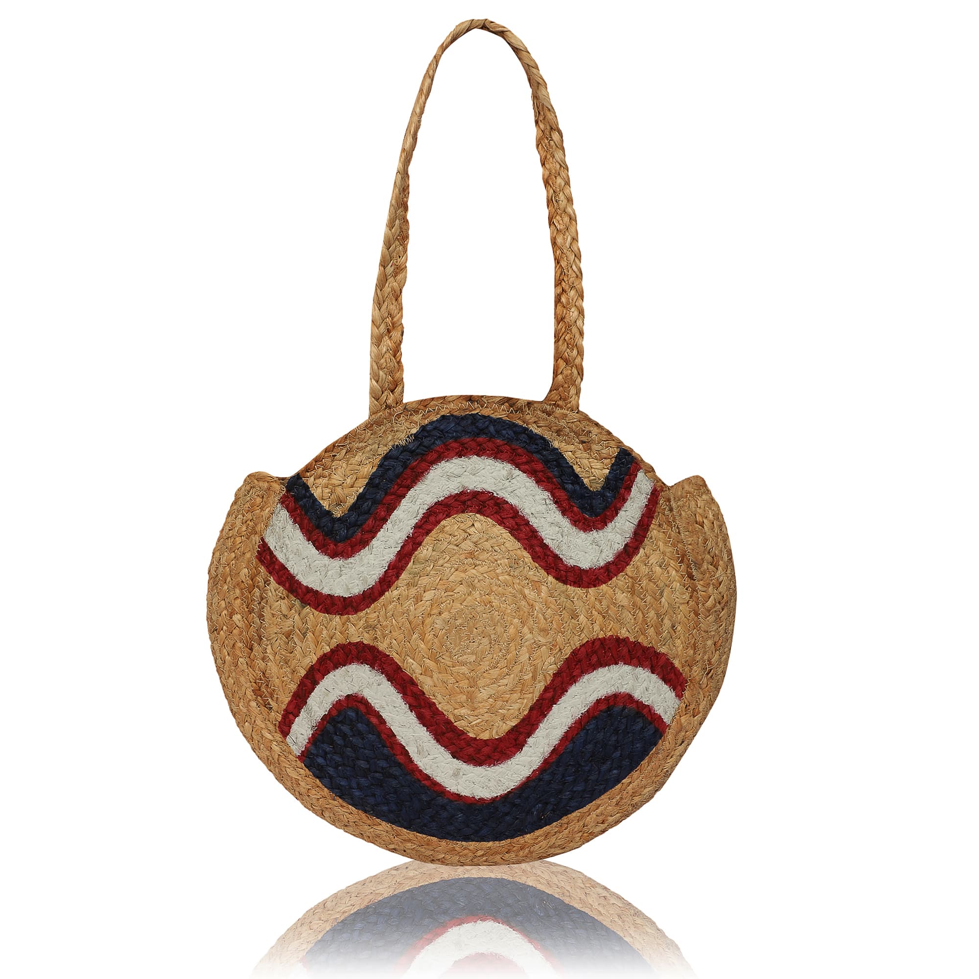WAVE PRINT  ROUND JUTE BRAIDED TOTE BAG