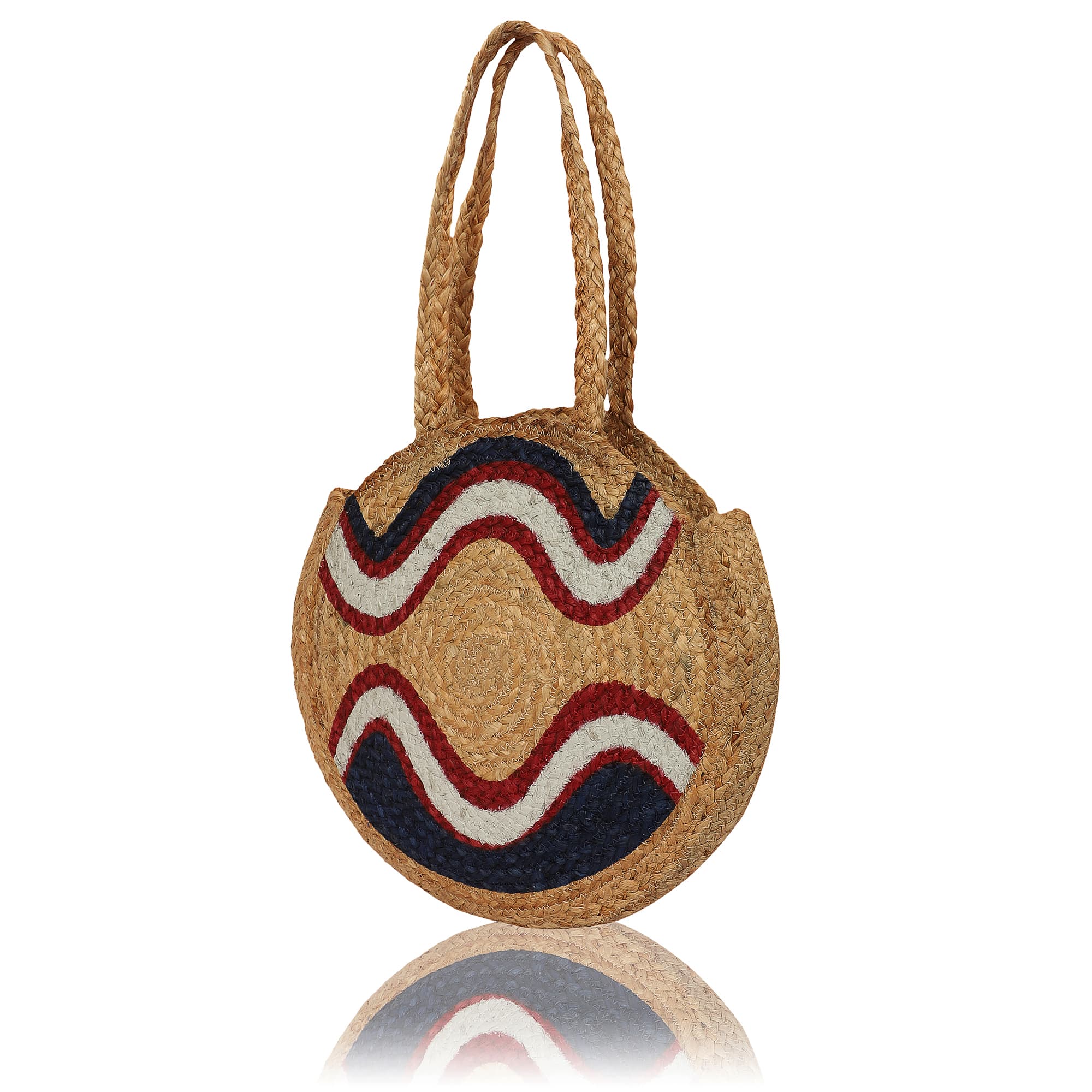 WAVE PRINT  ROUND JUTE BRAIDED TOTE BAG