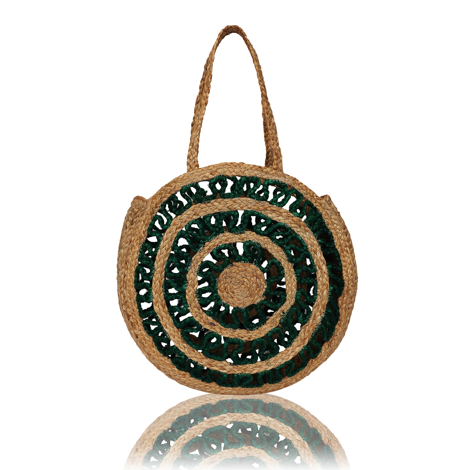 GREEN AND NATURAL JUTE BRAIDED ROUND TOTE BAG