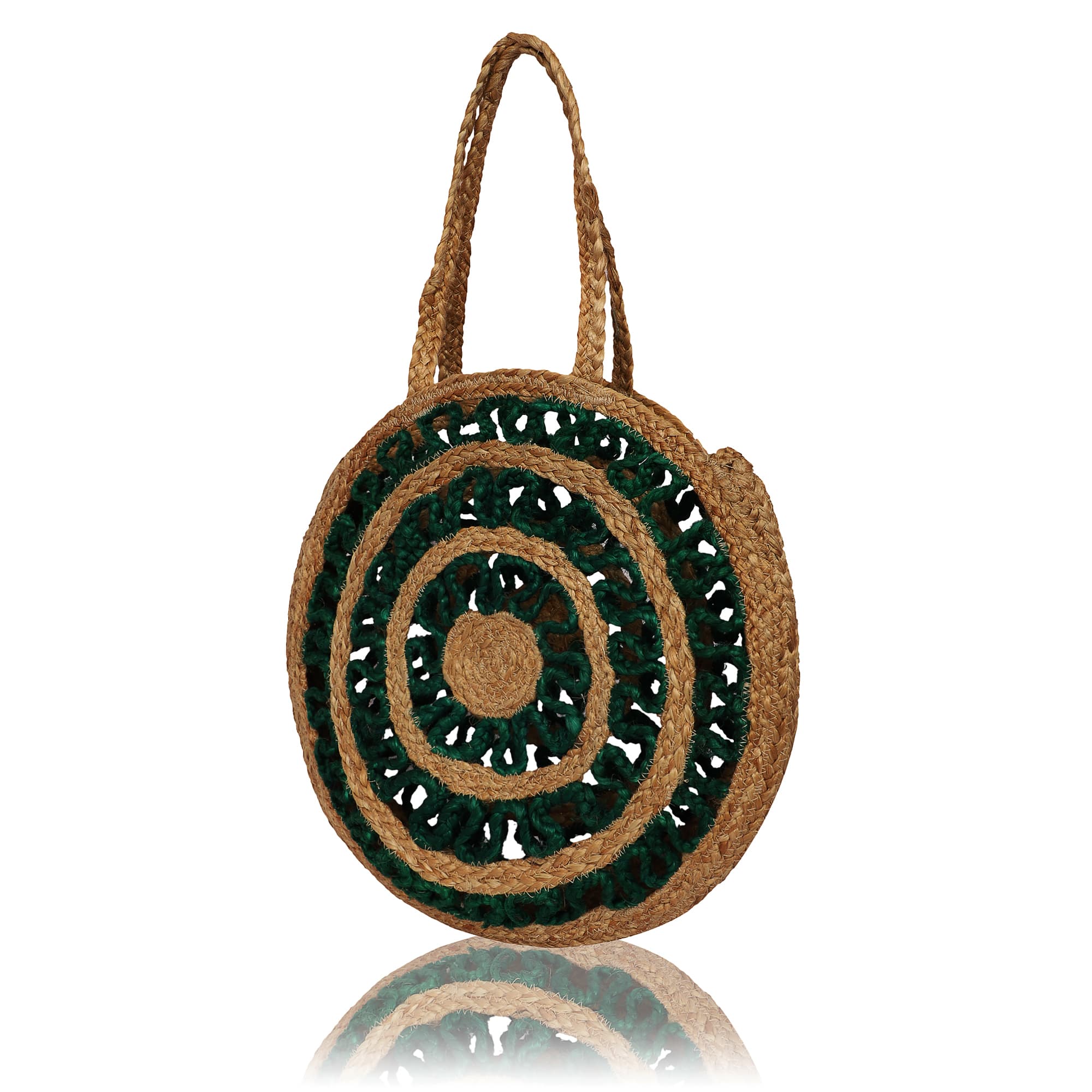 GREEN AND NATURAL JUTE BRAIDED ROUND TOTE BAG