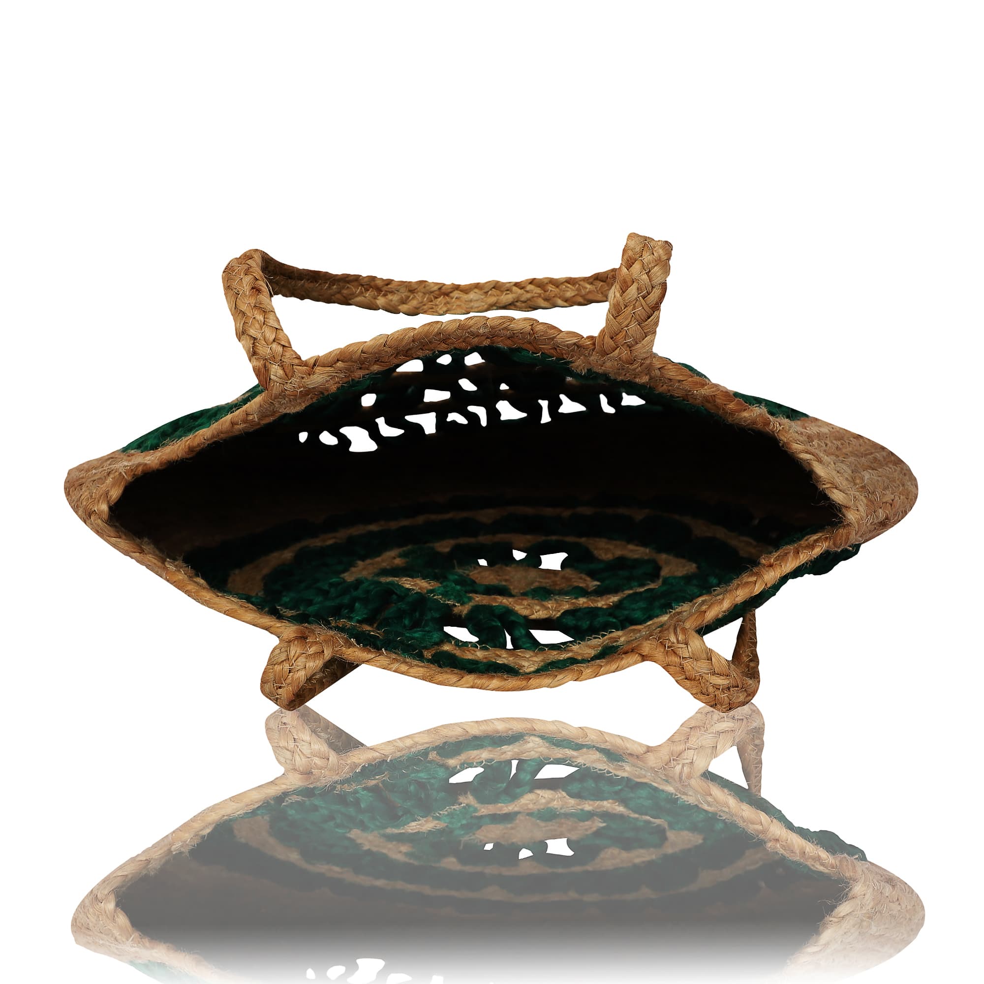 GREEN AND NATURAL JUTE BRAIDED ROUND TOTE BAG