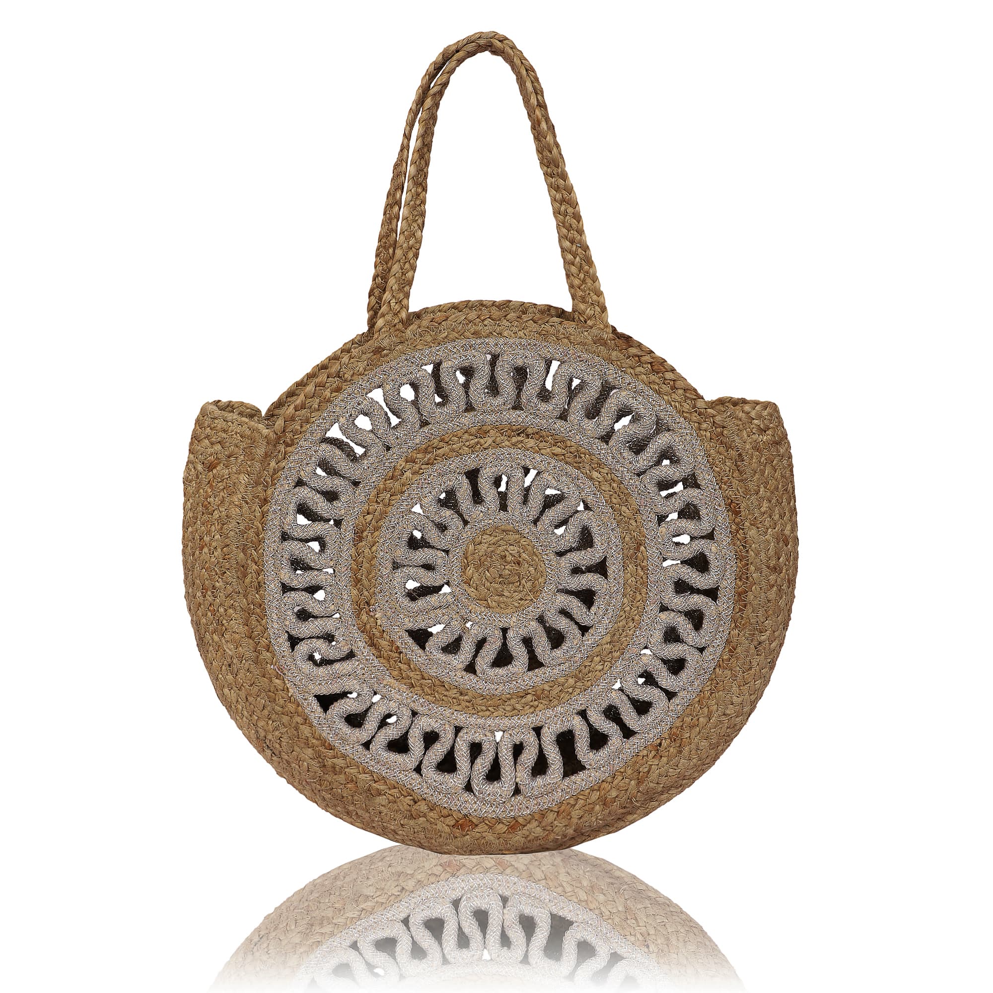 SILVER AND NATURAL JUTE BRAIDED ROUND TOTE BAG