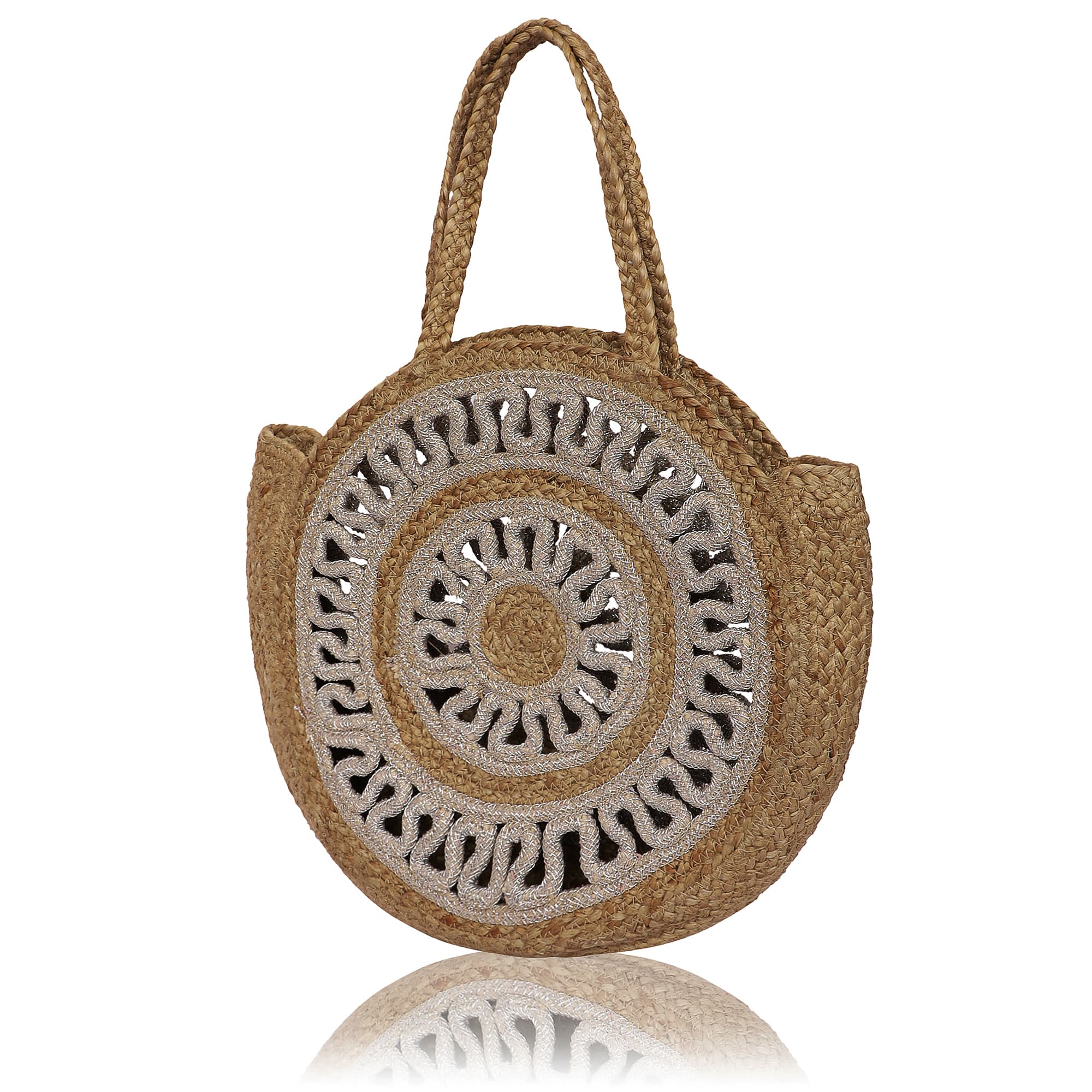 SILVER AND NATURAL JUTE BRAIDED ROUND TOTE BAG