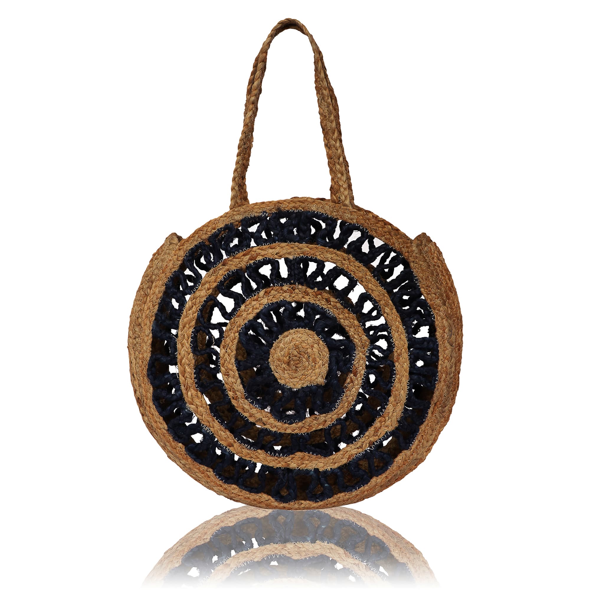 BLACK AND NATURAL JUTE BRAIDED ROUND TOTE BAG