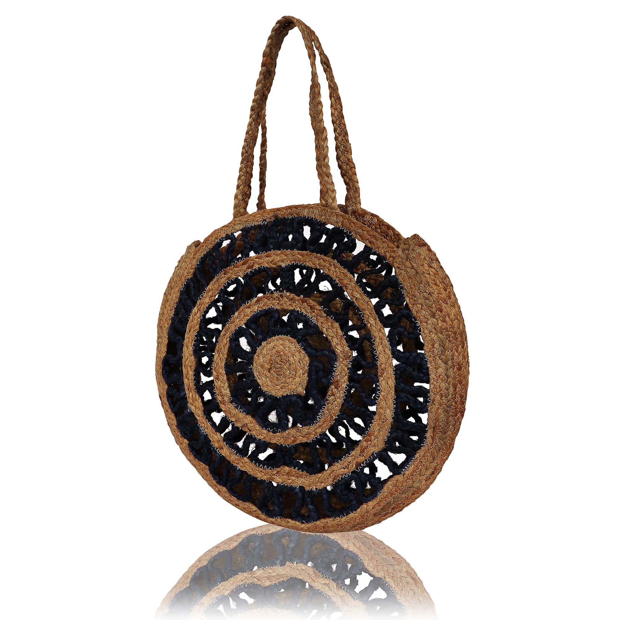 BLACK AND NATURAL JUTE BRAIDED ROUND TOTE BAG