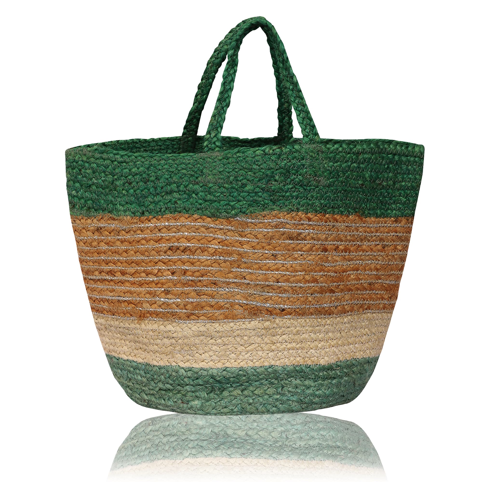 GREEN SILVER JUTE BRAIDED TOTE BAG
