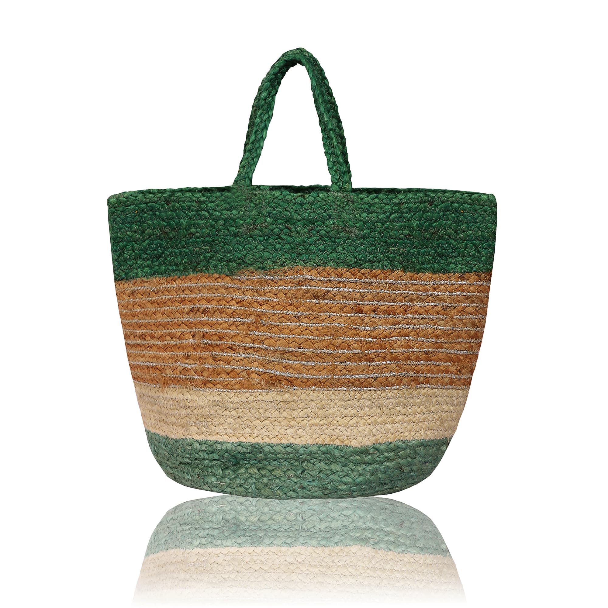 GREEN SILVER JUTE BRAIDED TOTE BAG
