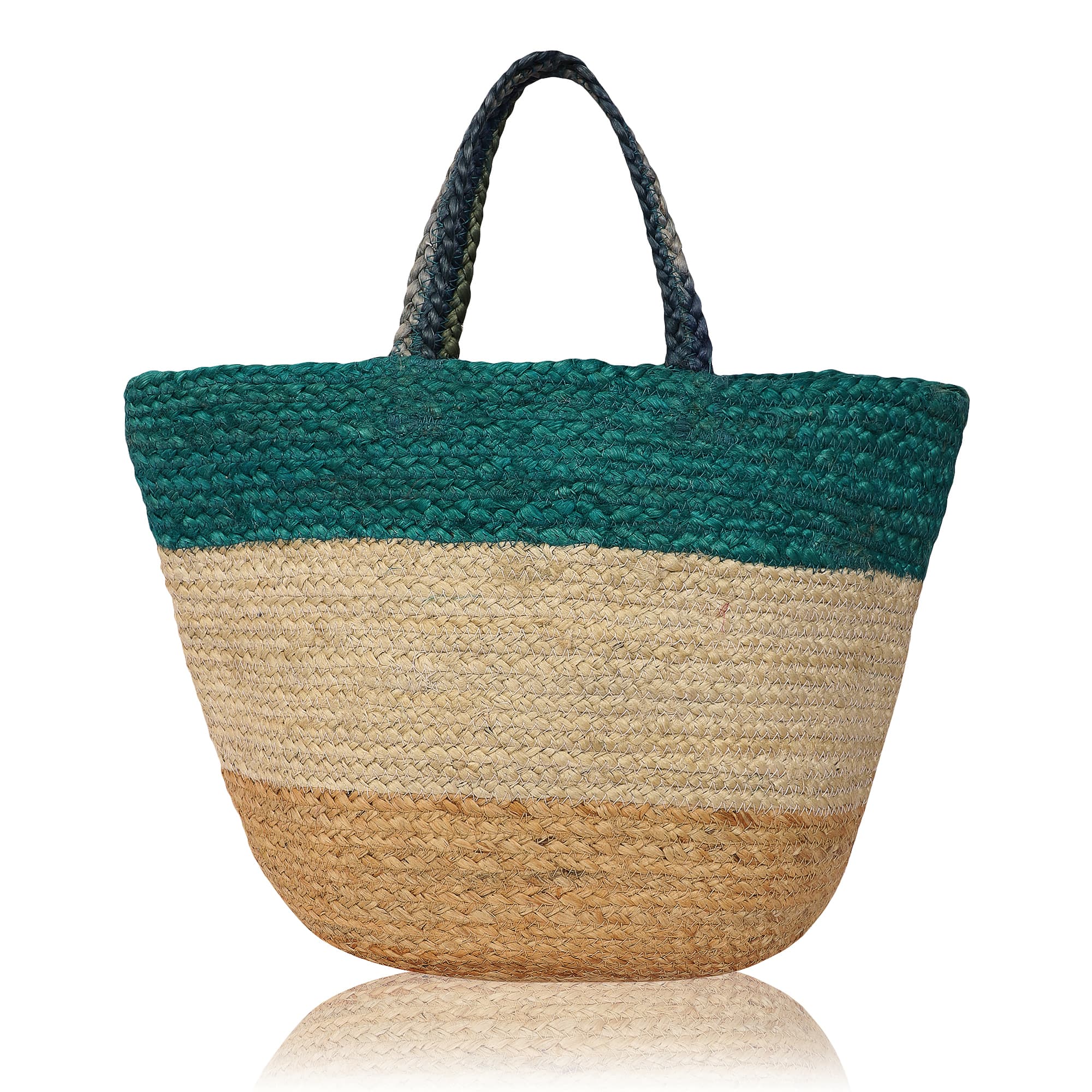 GREEN TRIO TONE JUTE BRAIDED TOTE BAG