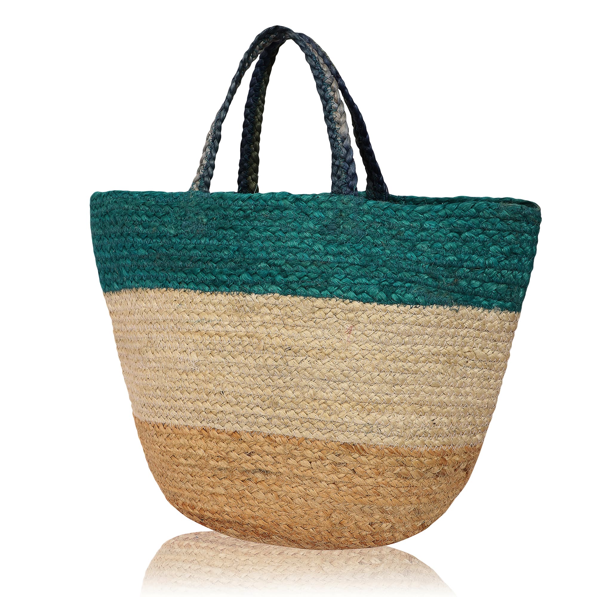 GREEN TRIO TONE JUTE BRAIDED TOTE BAG
