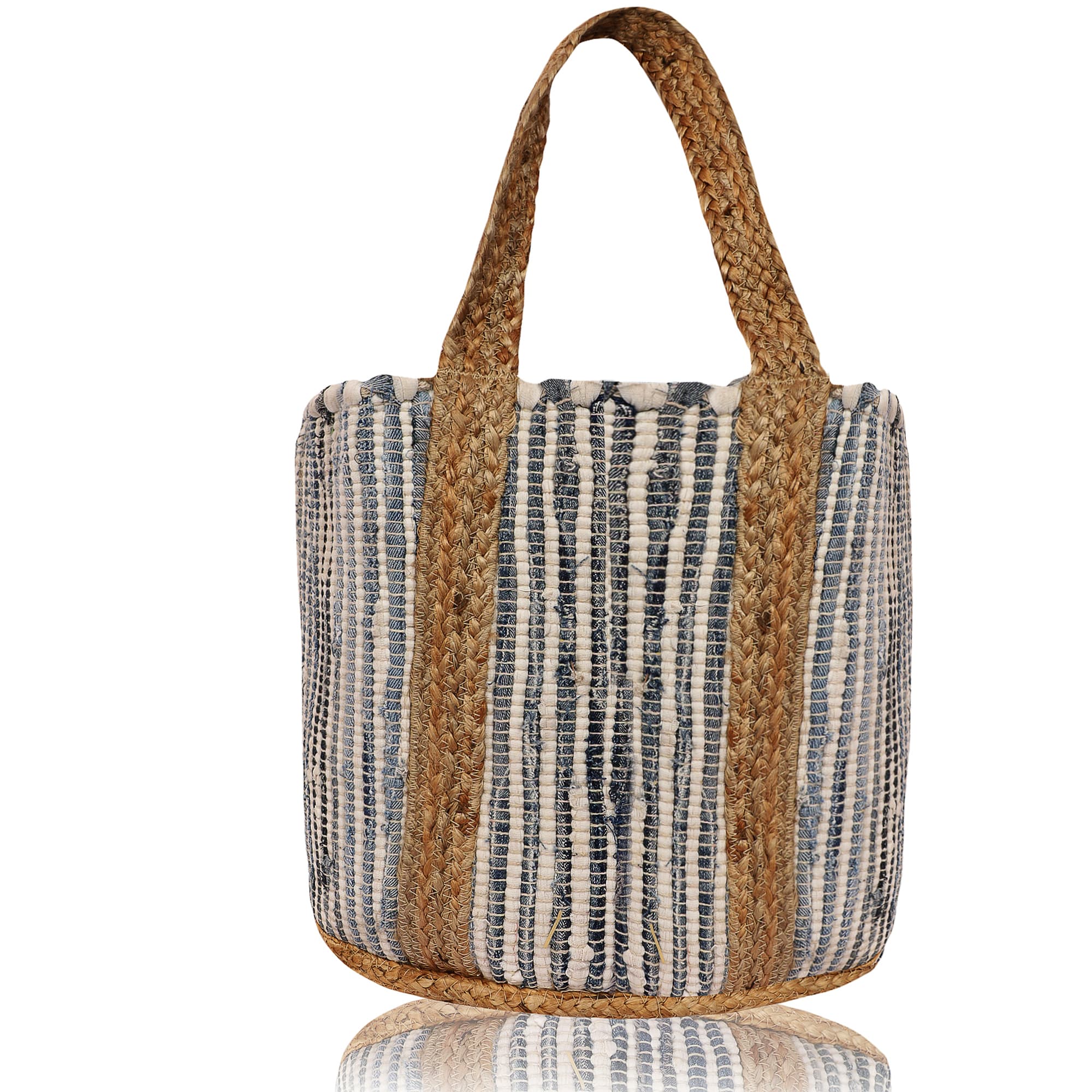SOMEWHERE SUNNY WOVEN JUTE AND COTTON TOTE GREY AND WHITE