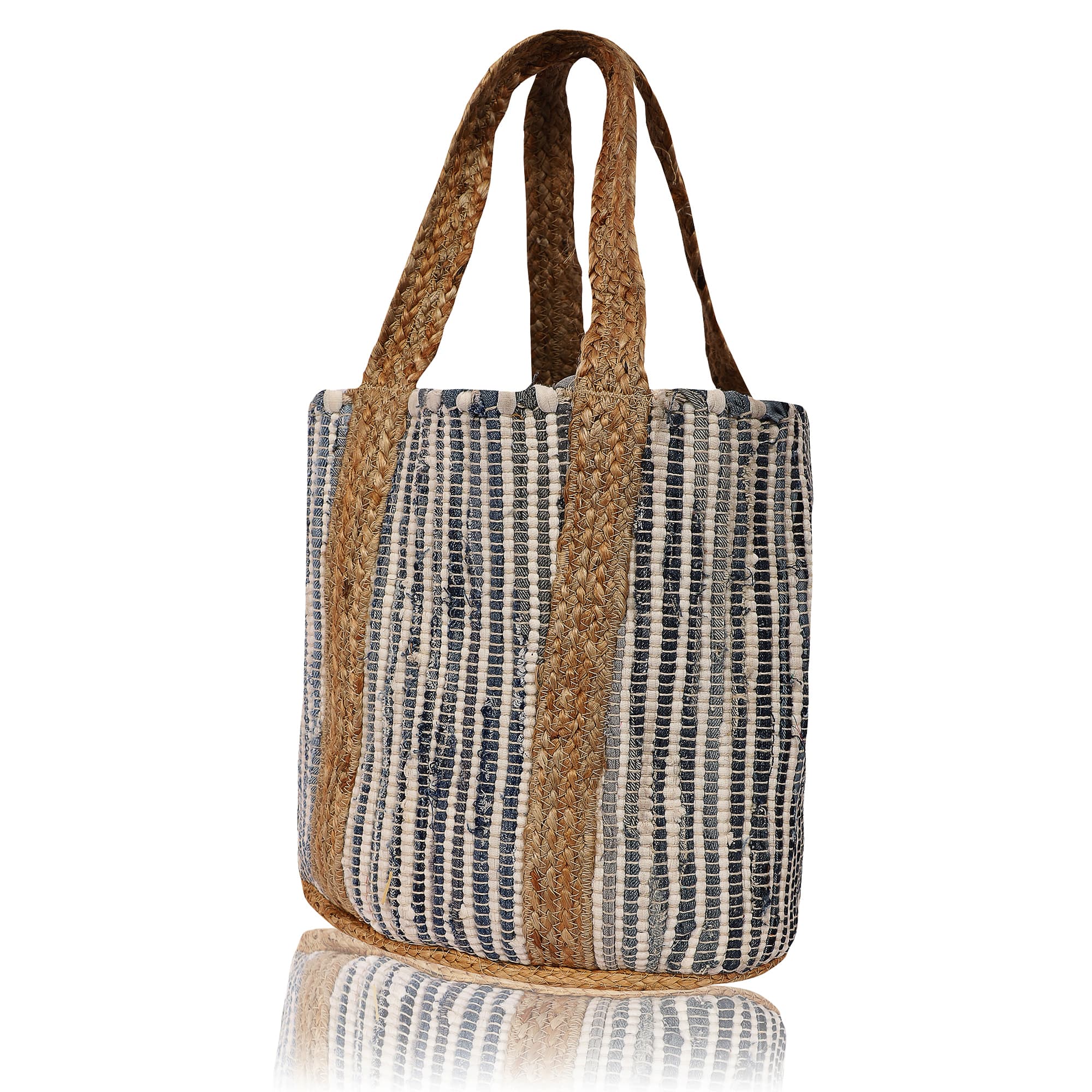 SOMEWHERE SUNNY WOVEN JUTE AND COTTON TOTE GREY AND WHITE