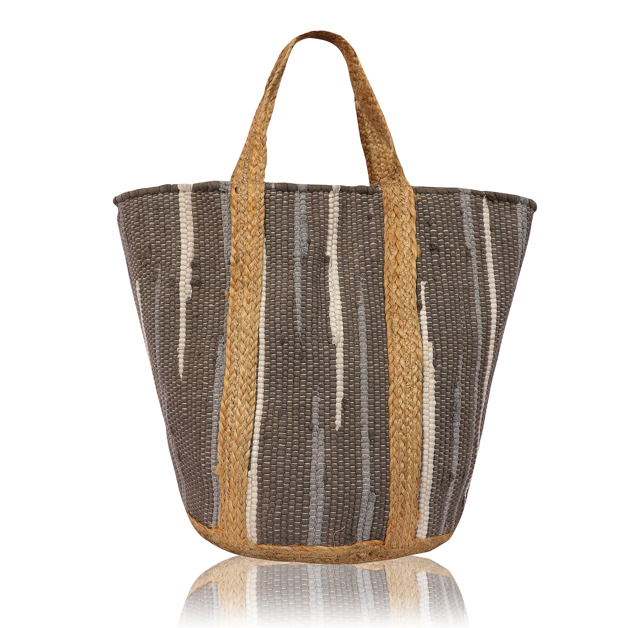 SOMEWHERE SUNNY WOVEN JUTE AND COTTON TOTE LIGHT AND DARK GREY
