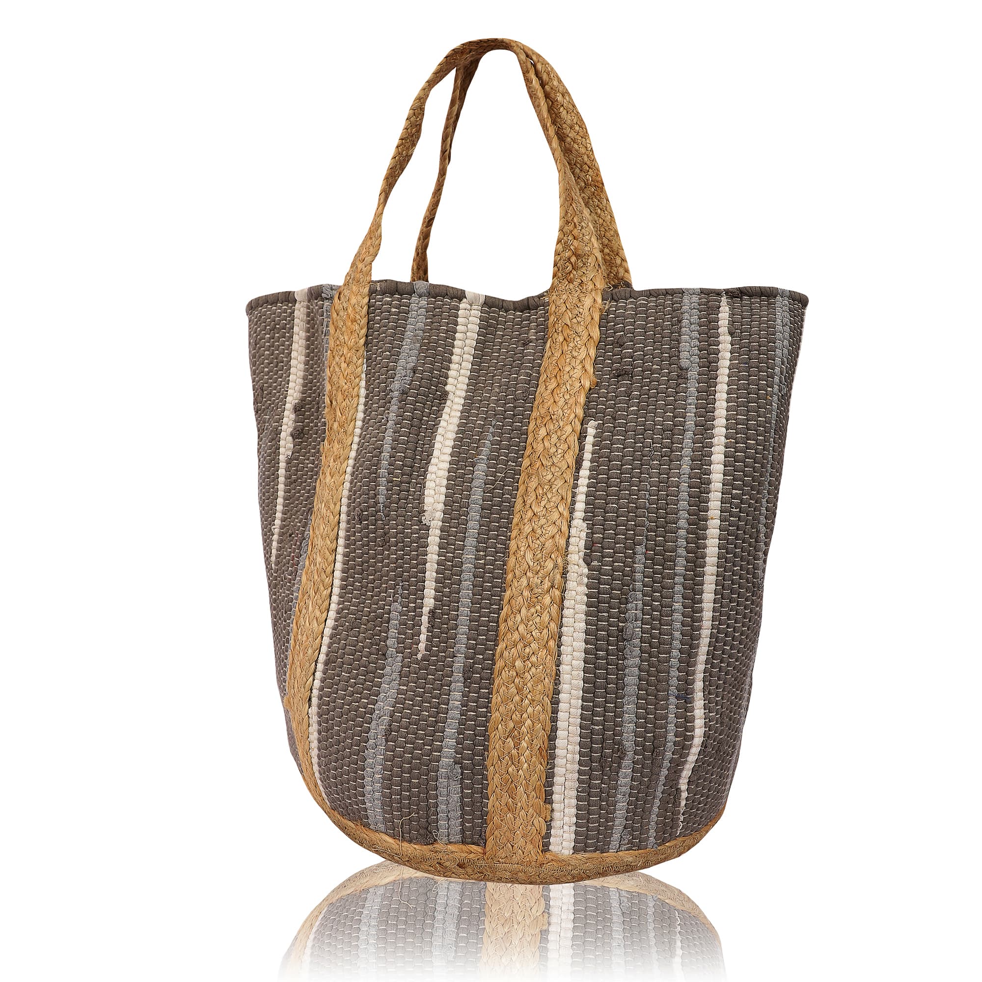 SOMEWHERE SUNNY WOVEN JUTE AND COTTON TOTE LIGHT AND DARK GREY
