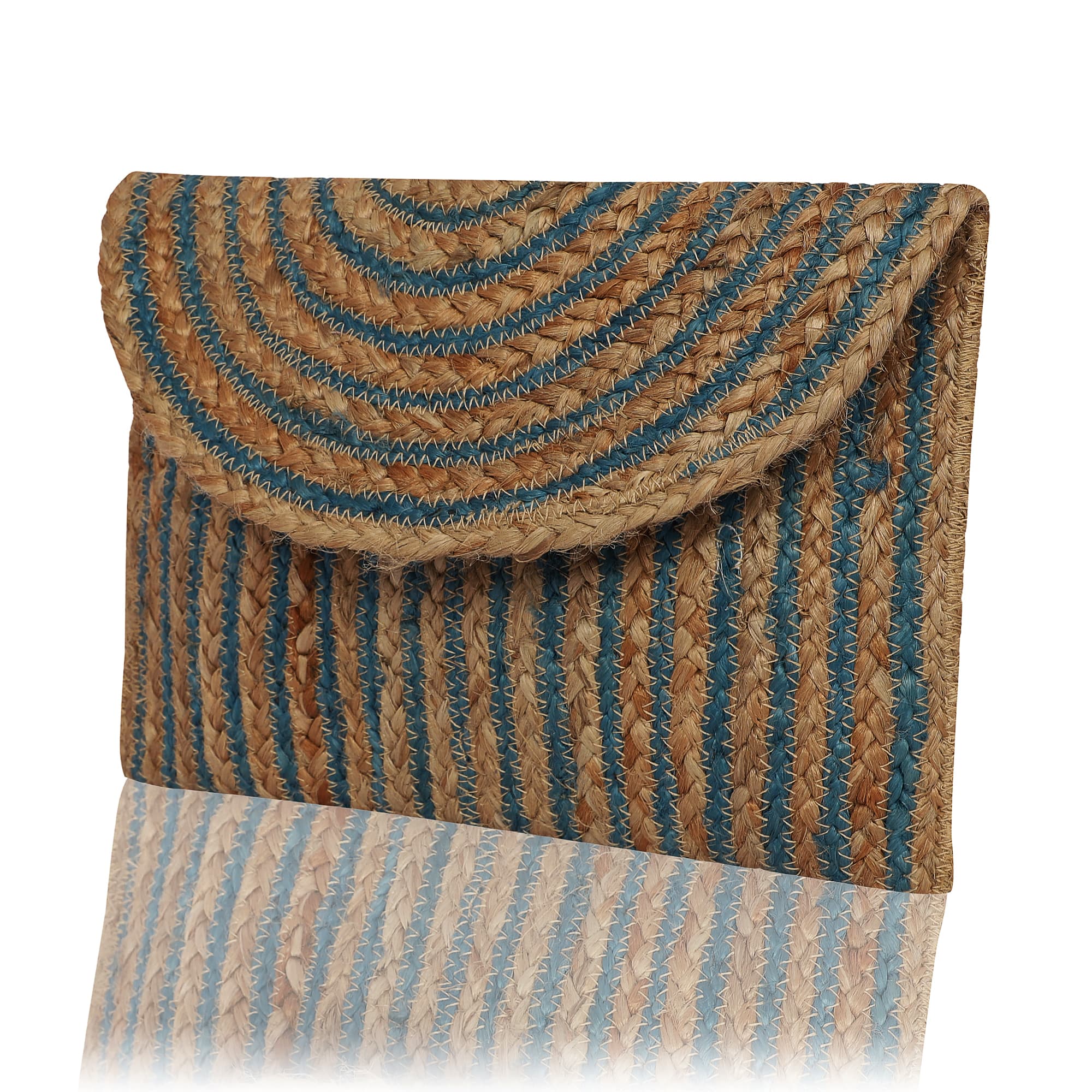 BLUE AND NATURAL BRAIDED JUTE  CLUTCH BAG