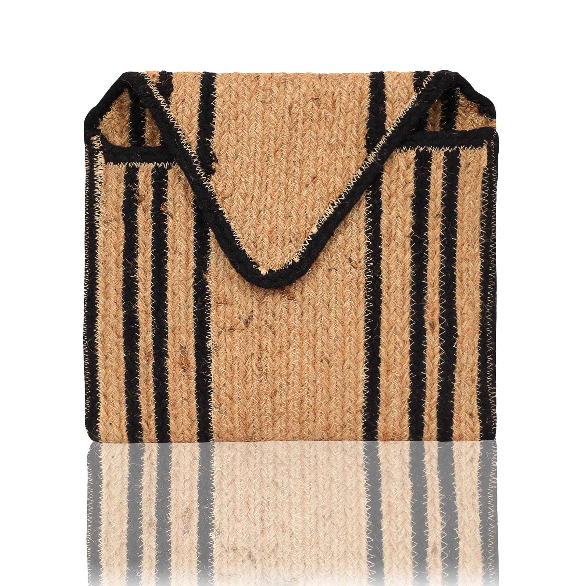 BLACK AND NATRUAL STRIPES BRAIDED JUTE  CLUTCH BAG