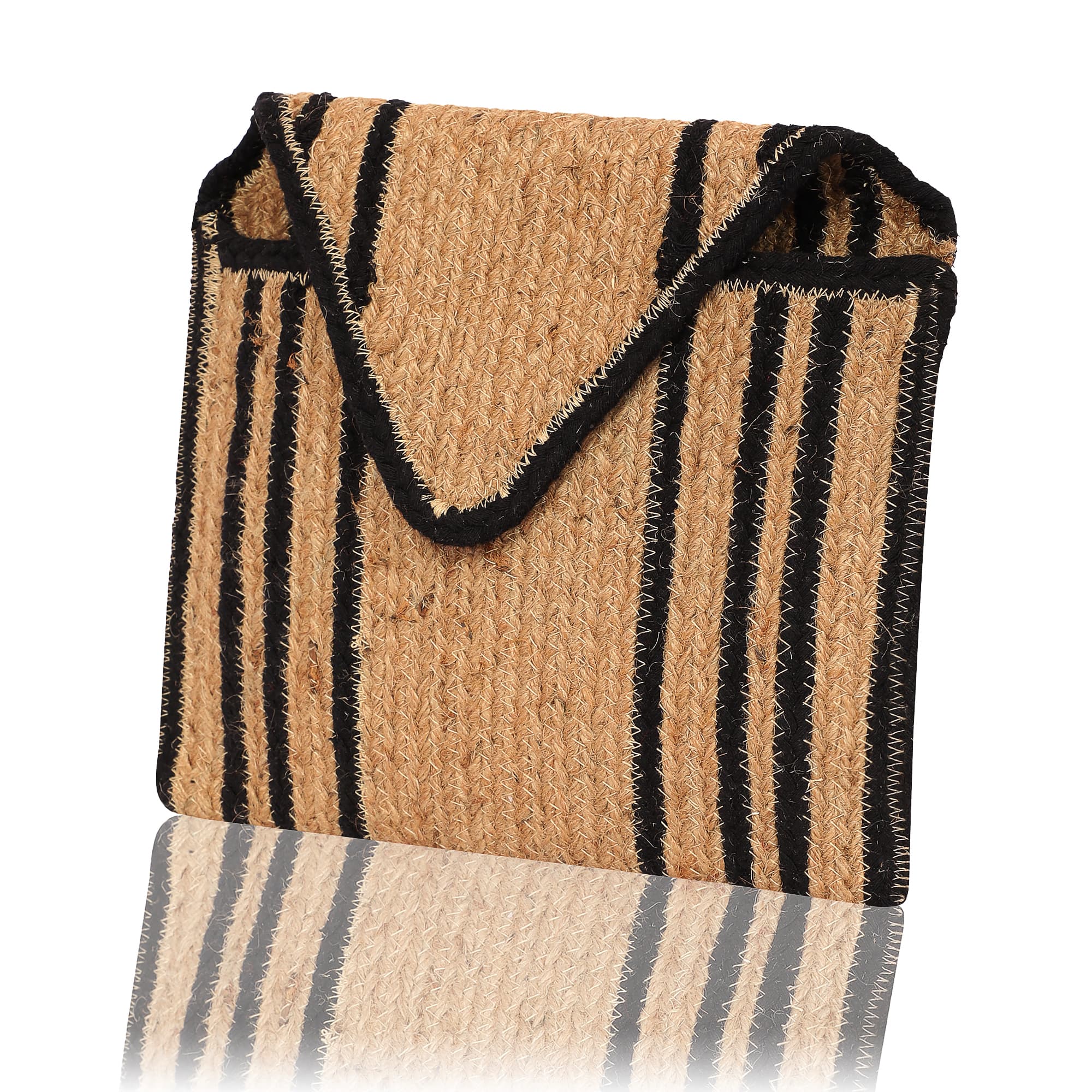 BLACK AND NATRUAL STRIPES BRAIDED JUTE  CLUTCH BAG